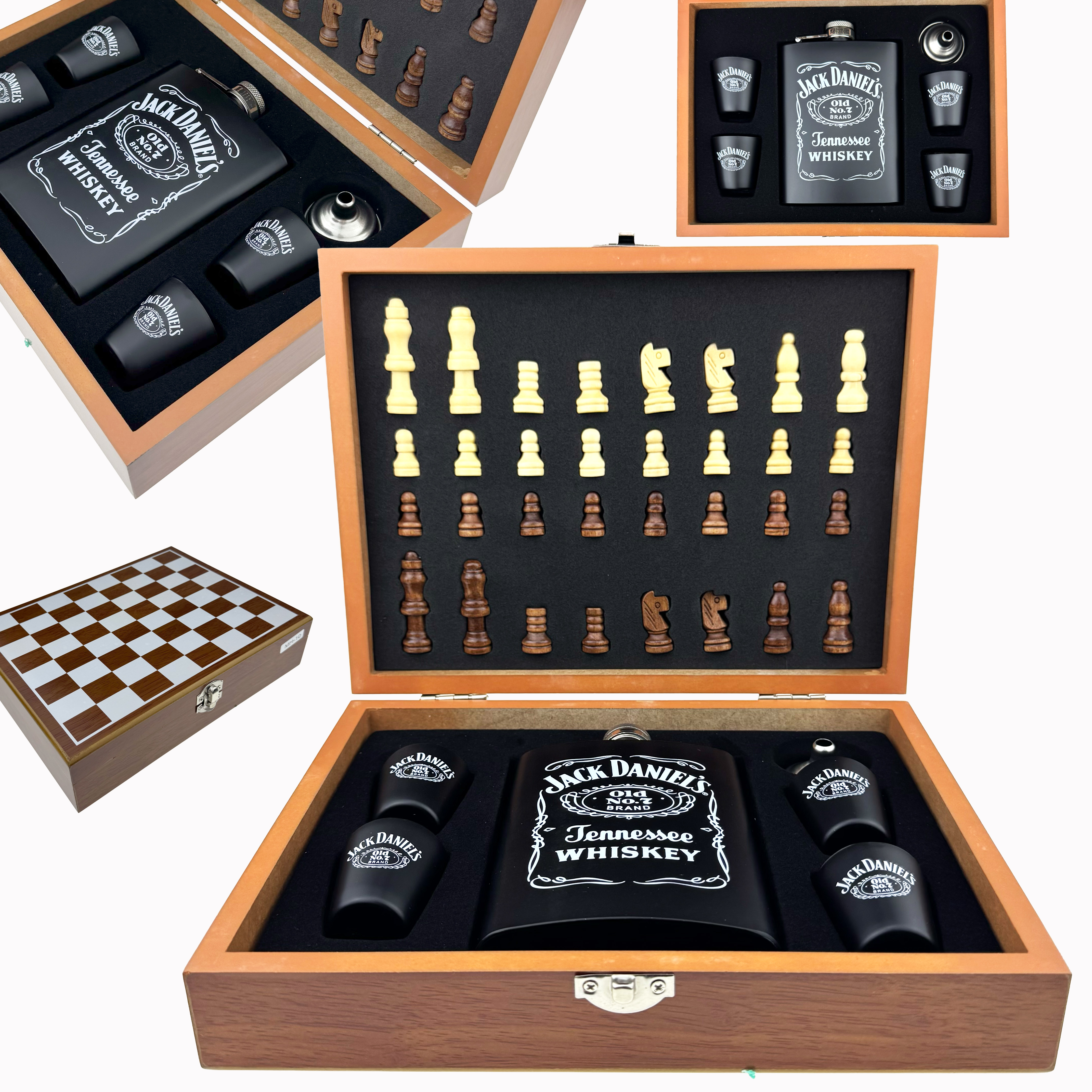 Набір подарунковий шахматна дошка деревянні фігурки фляга чорна з принтом  ,лійка та стопки /30/