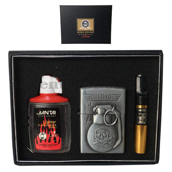 Запальничка набір бензинова з бензином мундштуком граната кругла з черепом (10)