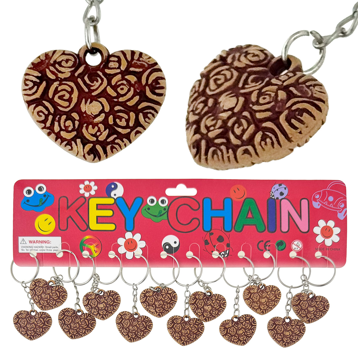 Брелок серце в трояндах повне коричневе з кістки (12)