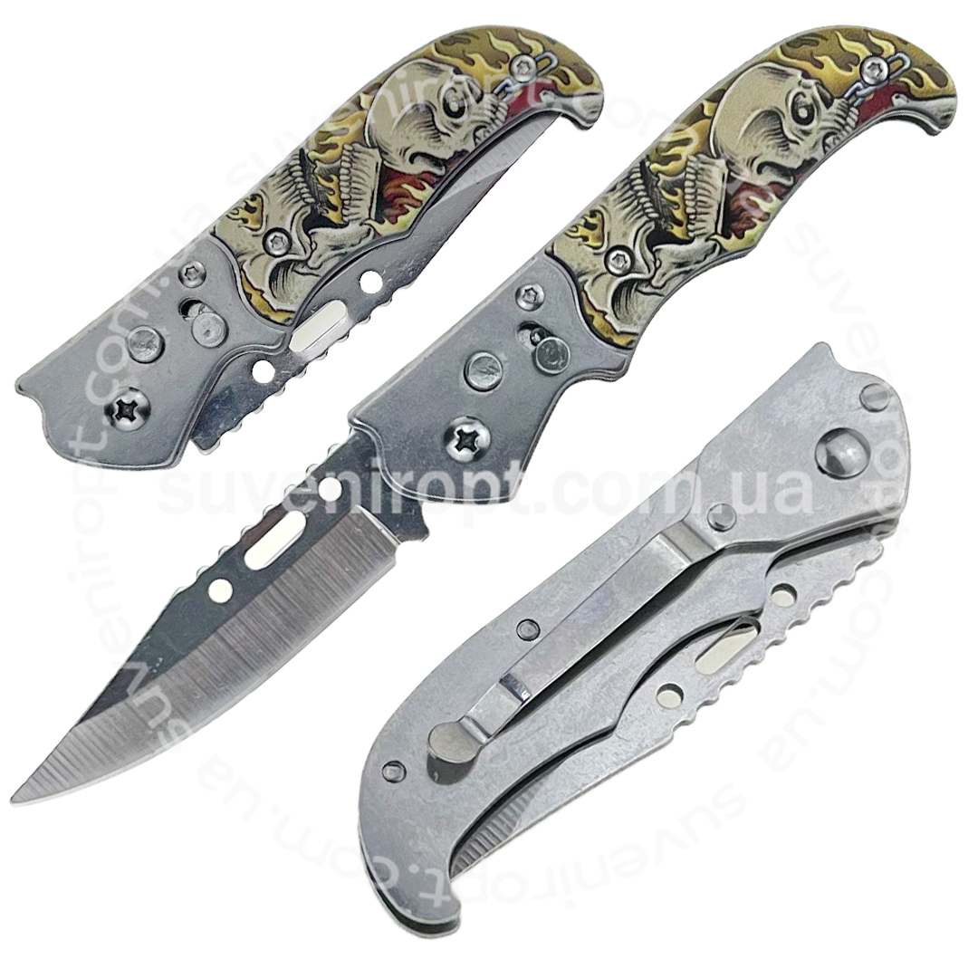 Ніж на кнопоці розкладний ручка черепа 16 см  (24) /360/