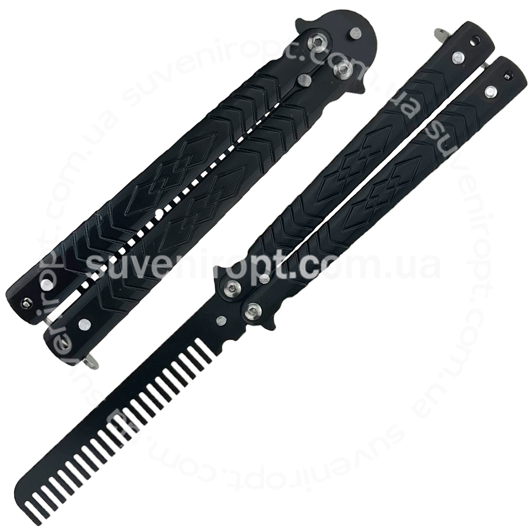 Ніж складаний метелик гребінець чорний з візерунком  (12) /240/