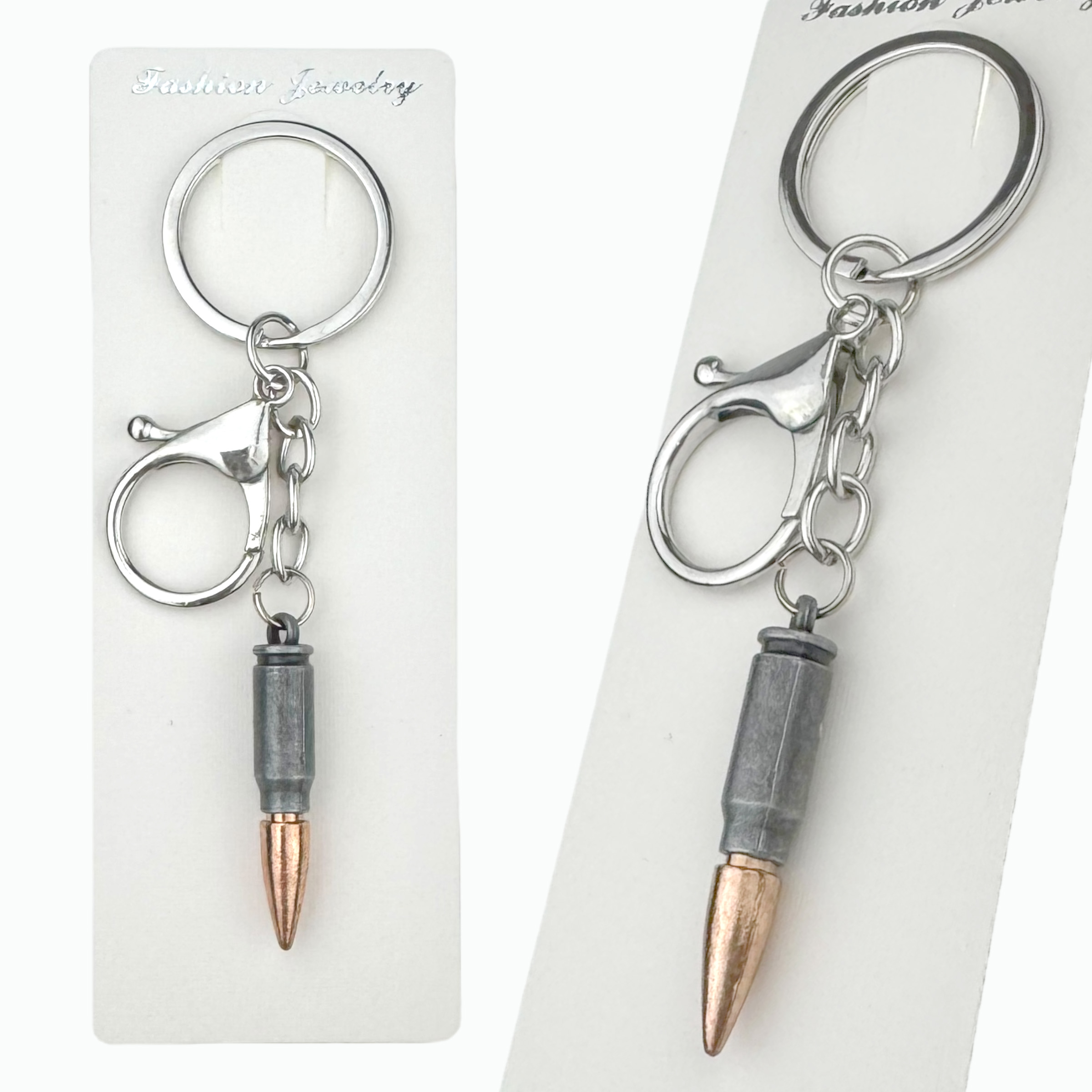 Брелок в упаковці металева пуля срібна з золотим наконечником (12)