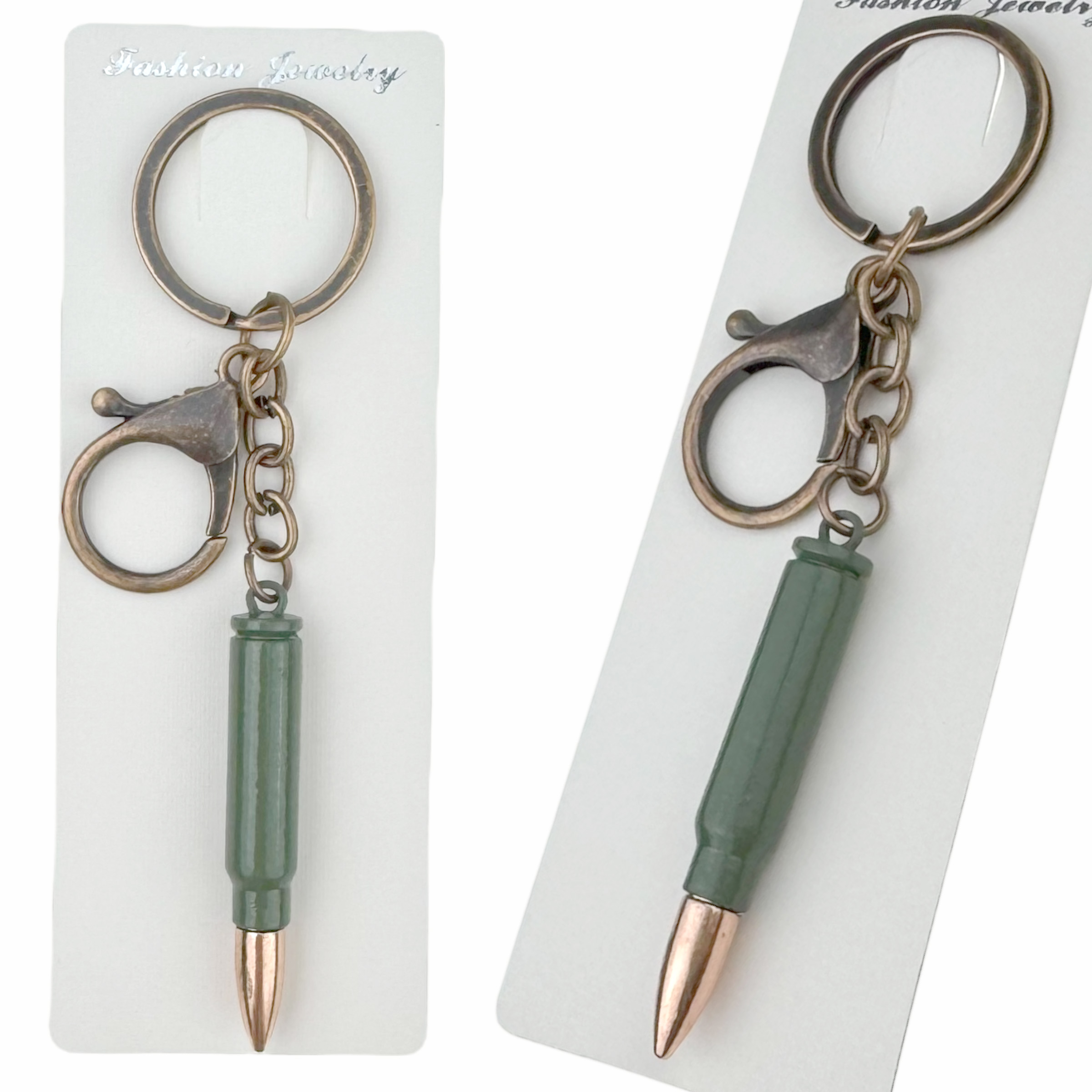 Брелок в упаковці металева зелена середня пуля з золотим наконечником (12)