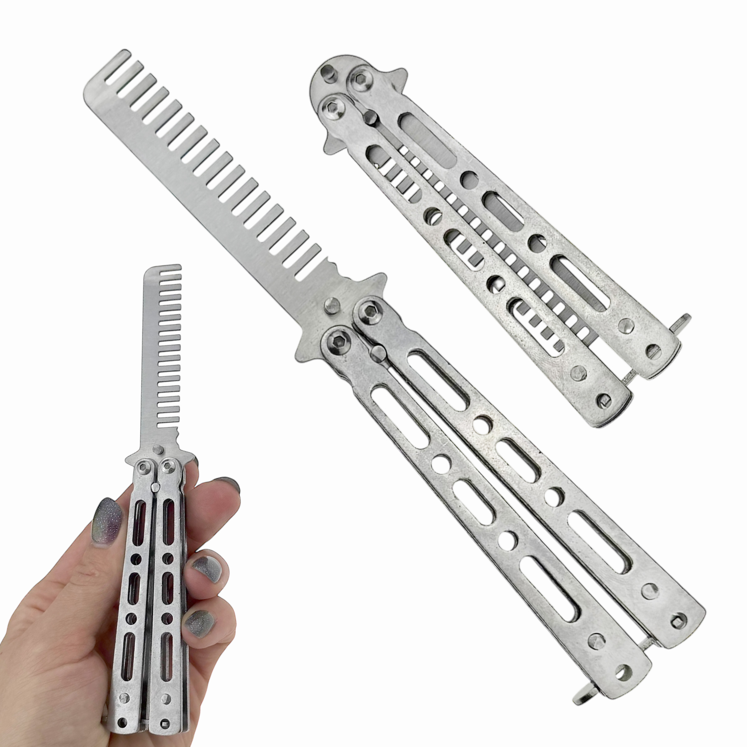 Ніж складаний метелик середній гребінець середній срібний у прямокутні дірки 17 см (12) /240/