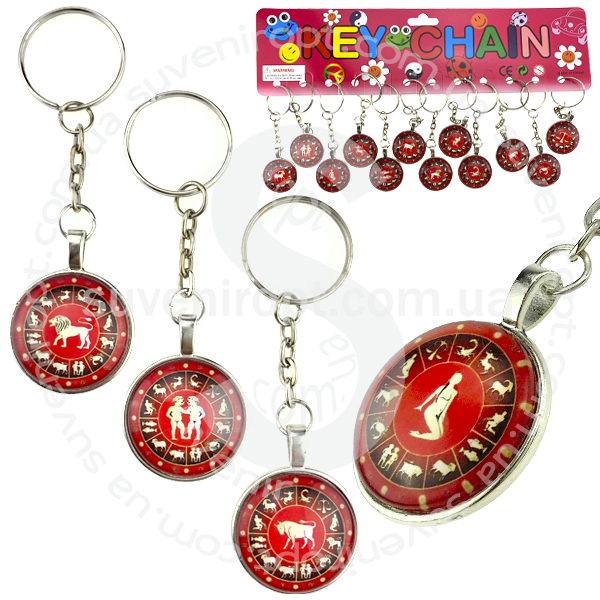 Брелок  металлический стекло знаки зодиака красный (12)