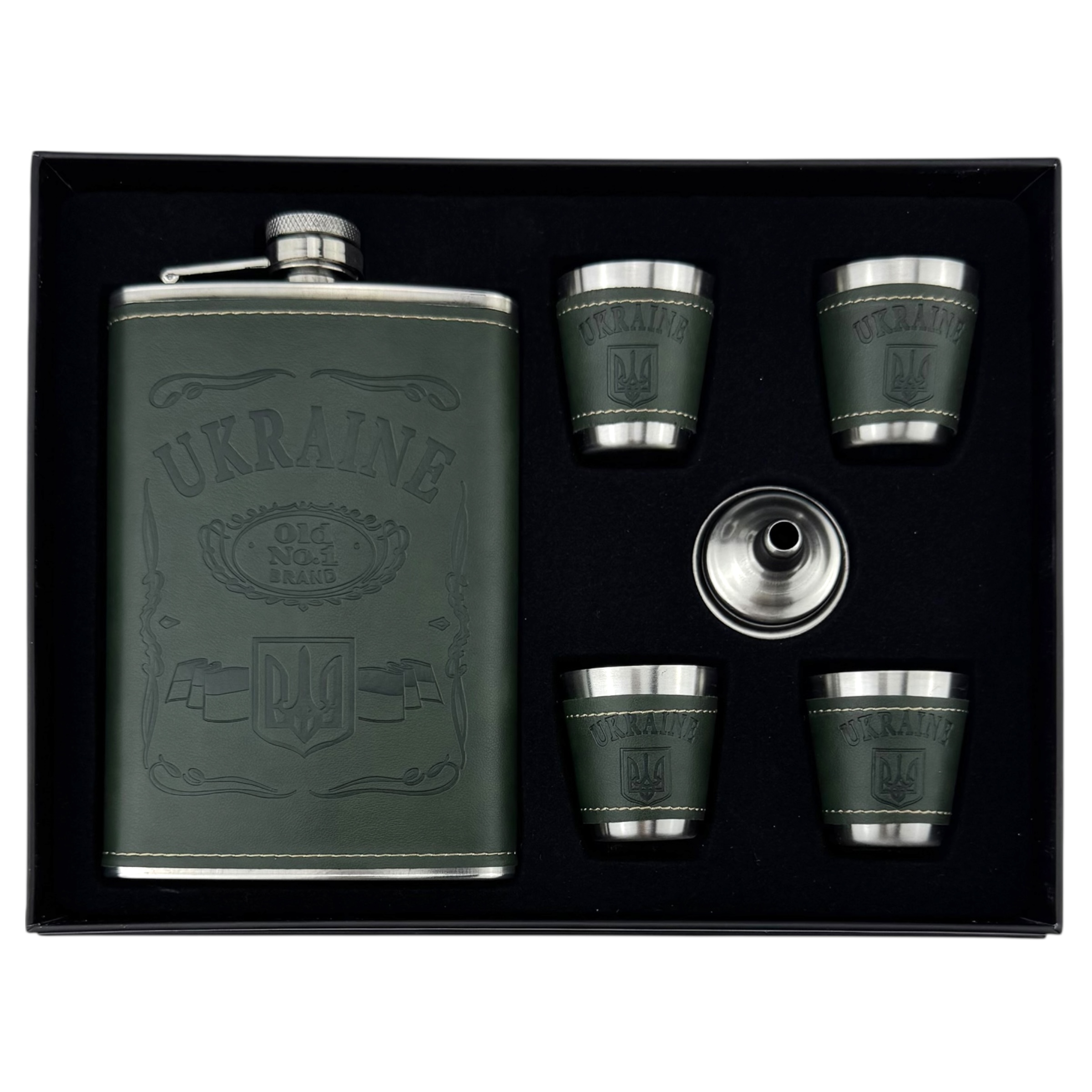 Набір фляга із чарками тиснення темно-зелене Україна /60/