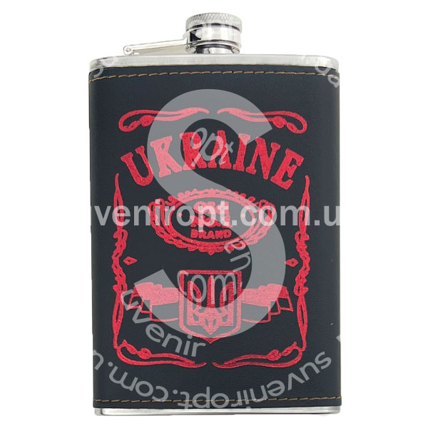 Фляга Україна чорна шкіра з червоним принтом 9oz /100/