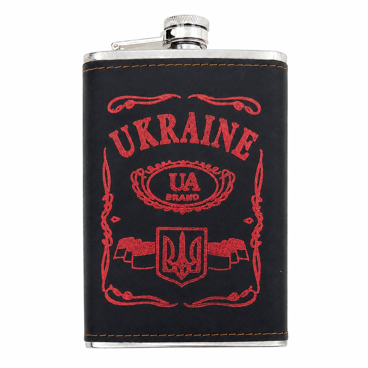 Фляга Україна чорна шкіра з червоним принтом 9oz /100/