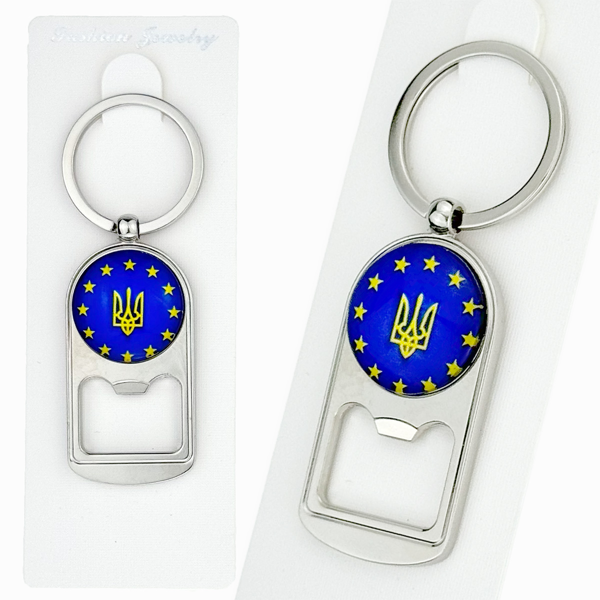 Брелок відкривалка металевий обʼємне скло герб «Євро»  25 мм в упаковці (12)