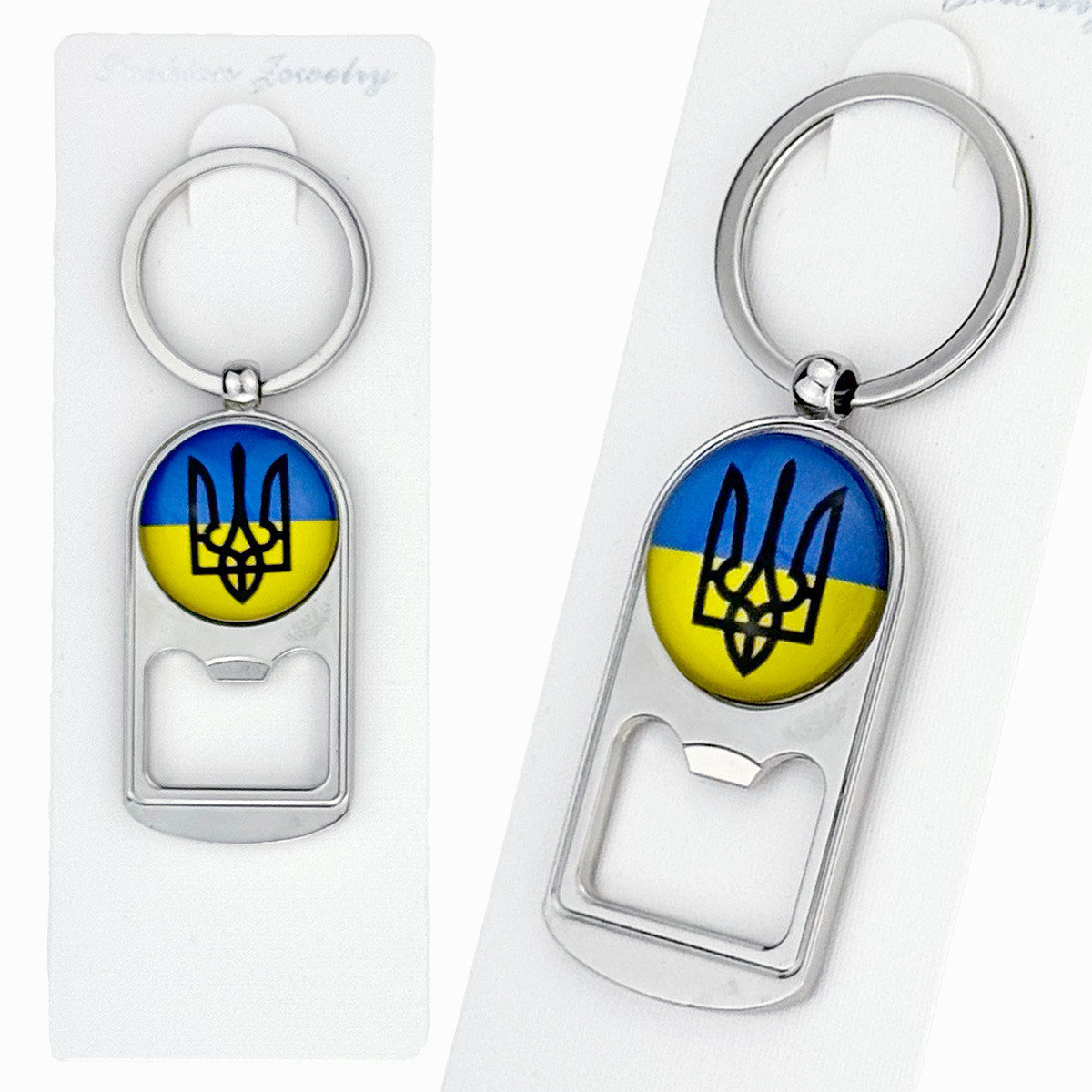 Брелок відкривалка металевий обʼємне скло герб жовто-блакитний фон  25 мм в упаковці (12)