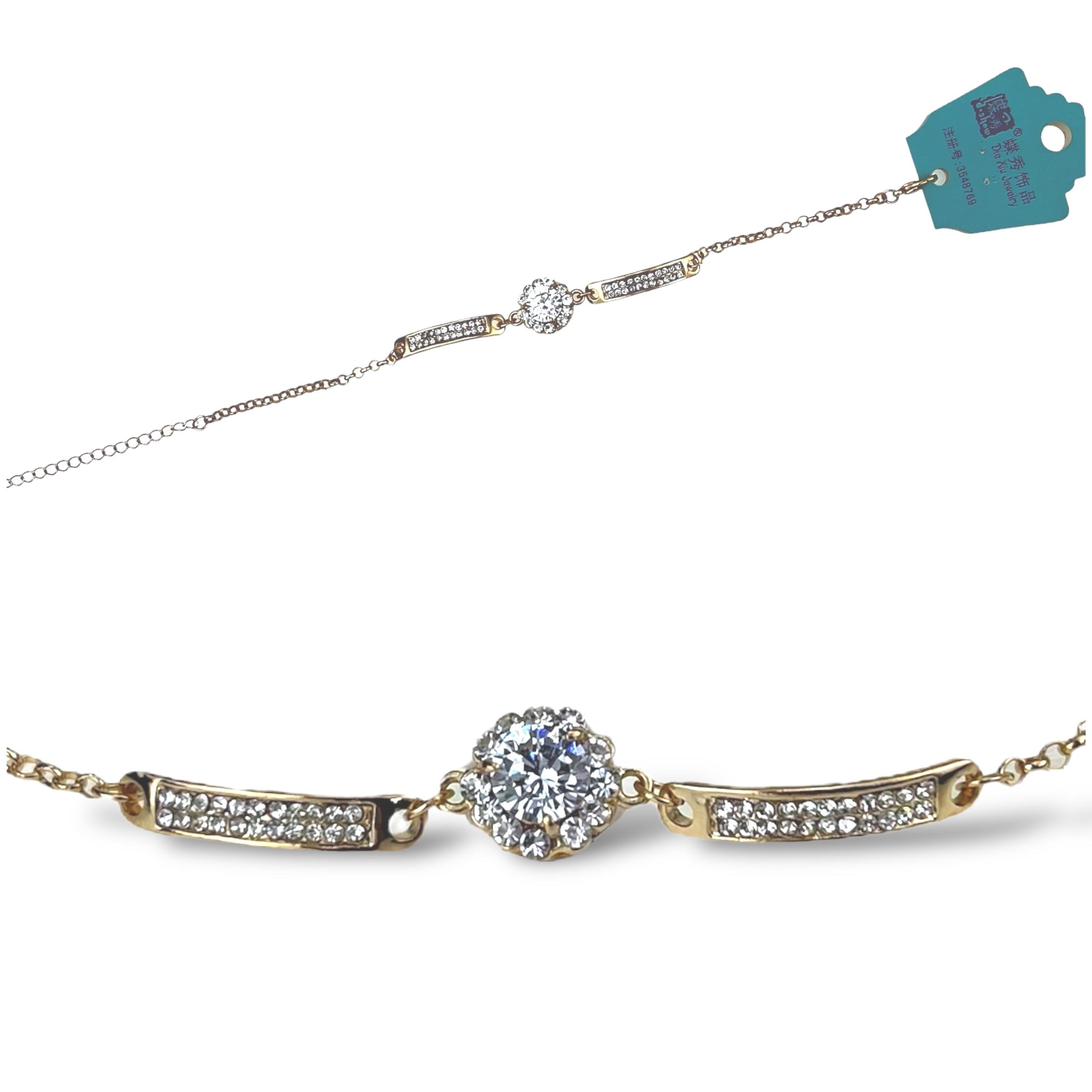 Браслет цветок в камнях с пластиной  под золото