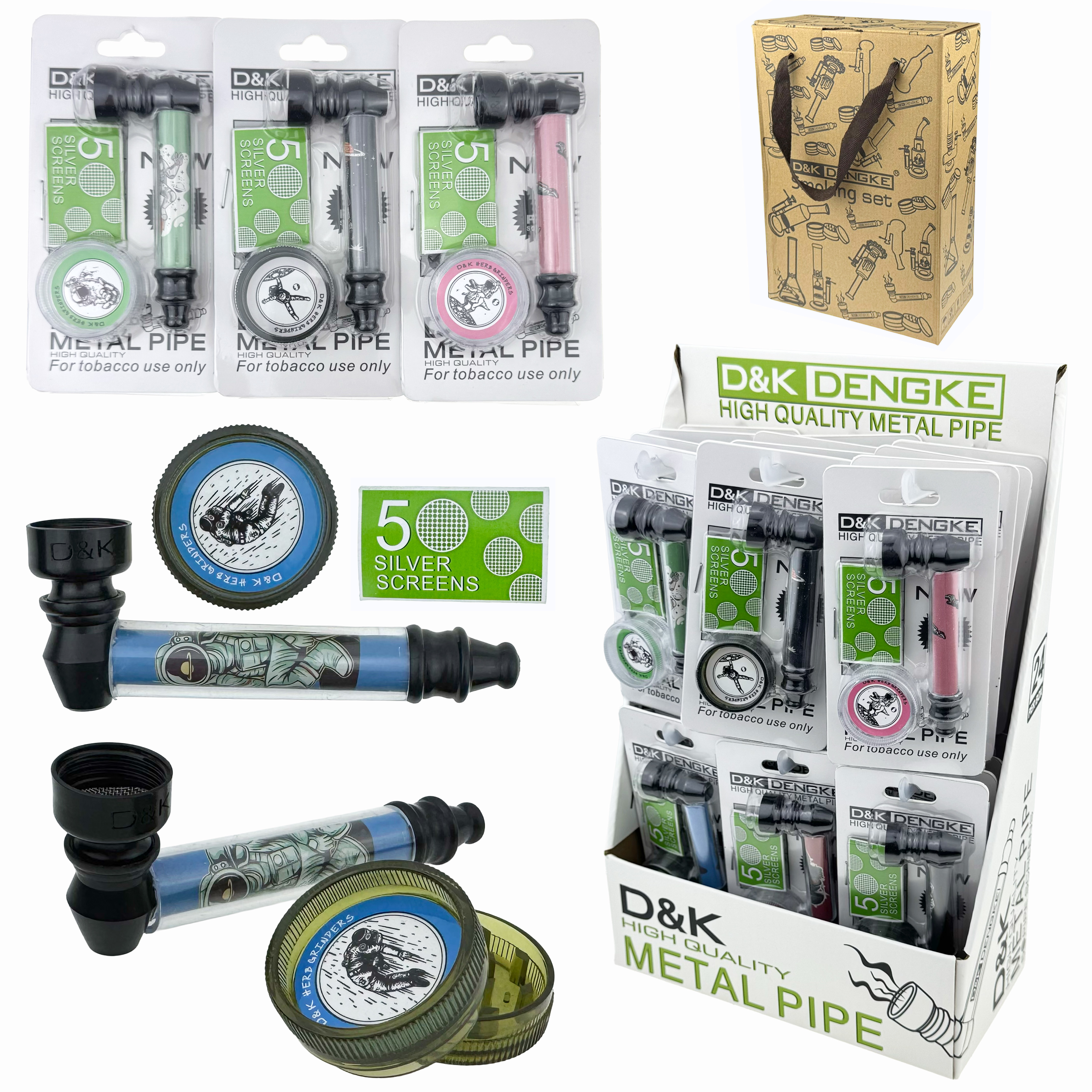 Трубка К металева 8см косманавт в наборі з сітками(5шт) і подрібнювачем 3см (24)/240/