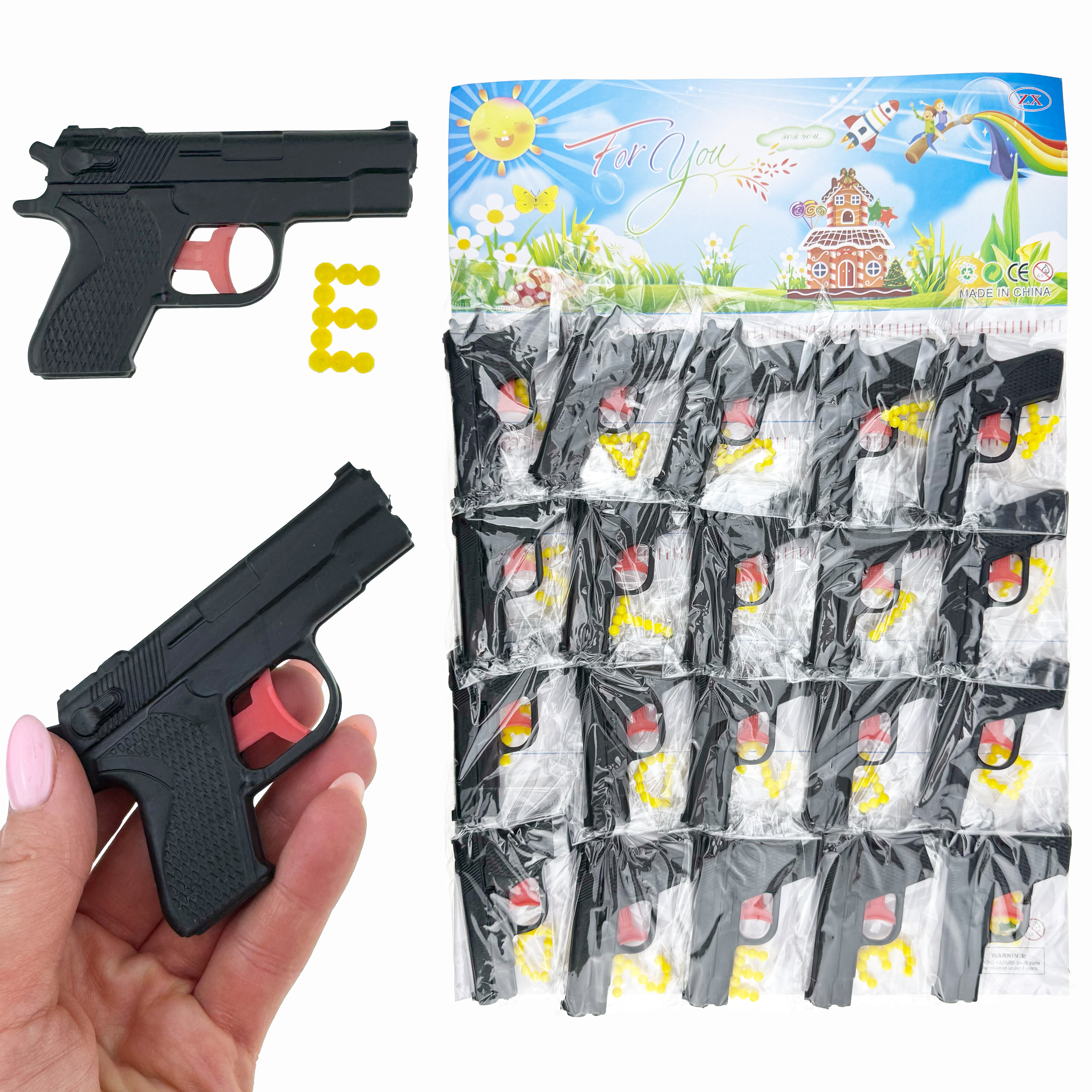 Пістолет маленький з кульками жовті фігурки або літери  на планшетці (20) /2000/