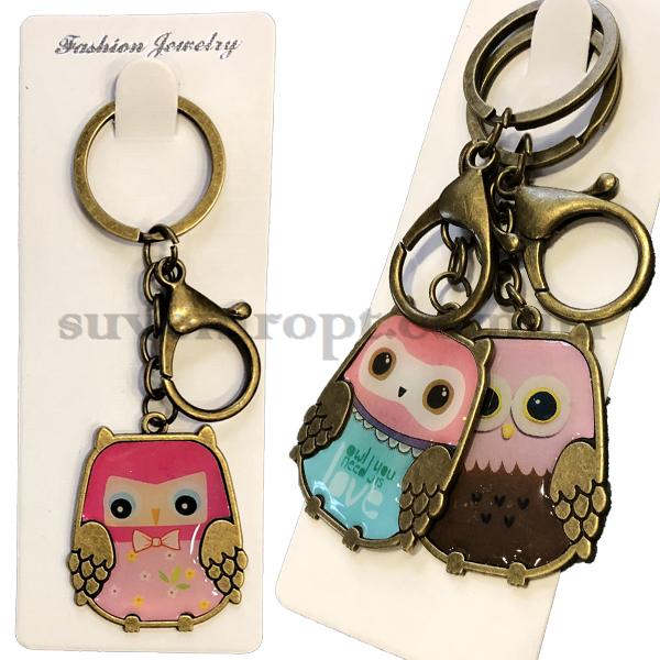 Брелок   в упаковке  металлический  сова плоская цветная смола (12)