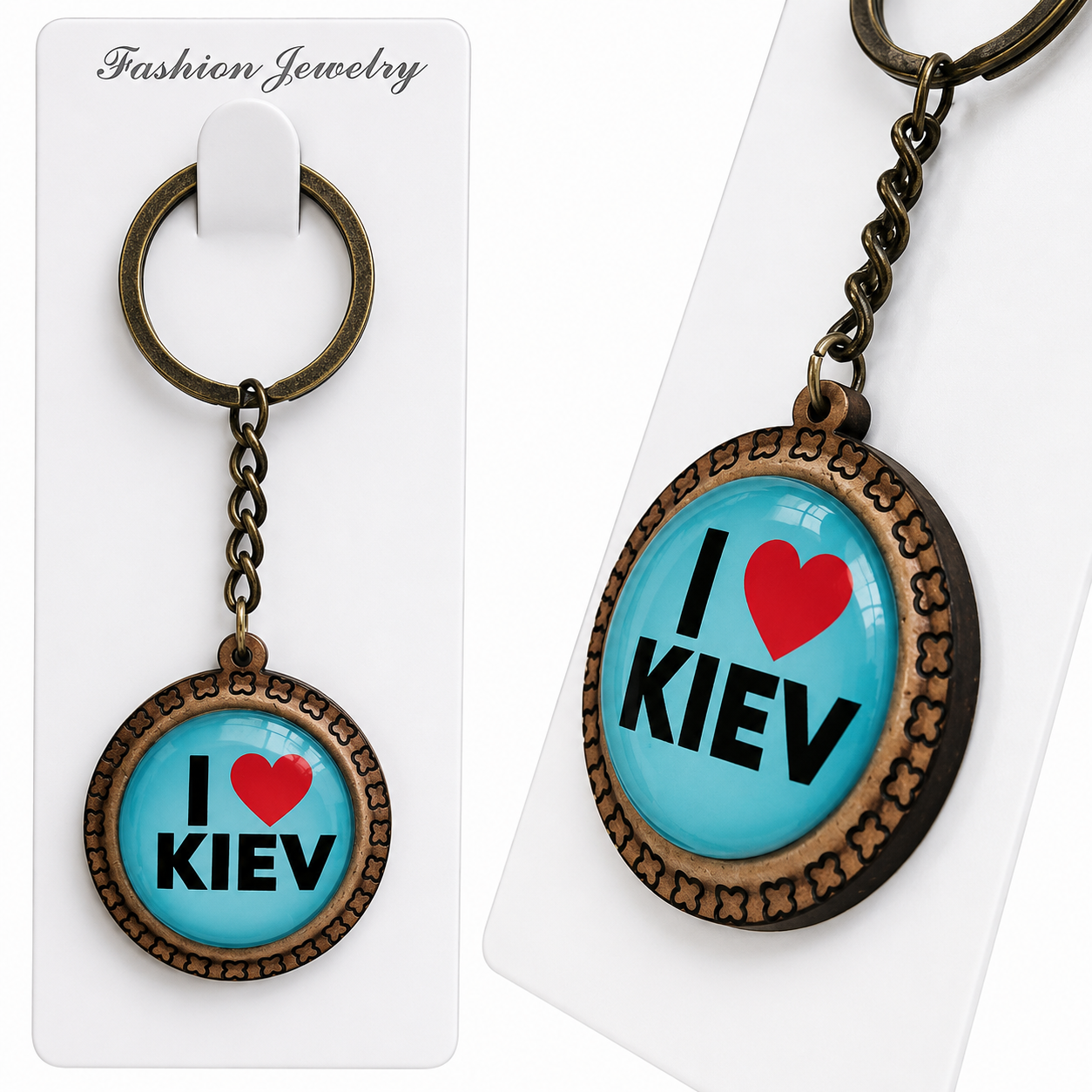 Брелок дерев'яний з візерунками i love Kiev блакитний скло в упаковці