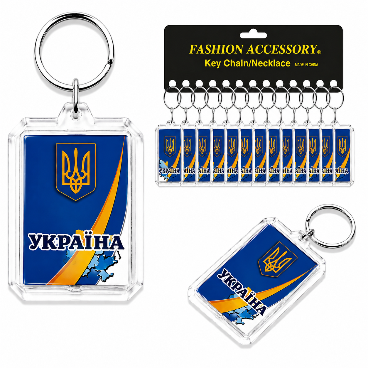 Брелок акриловий Україна смуга з картою в ромбовидній рамці (12)