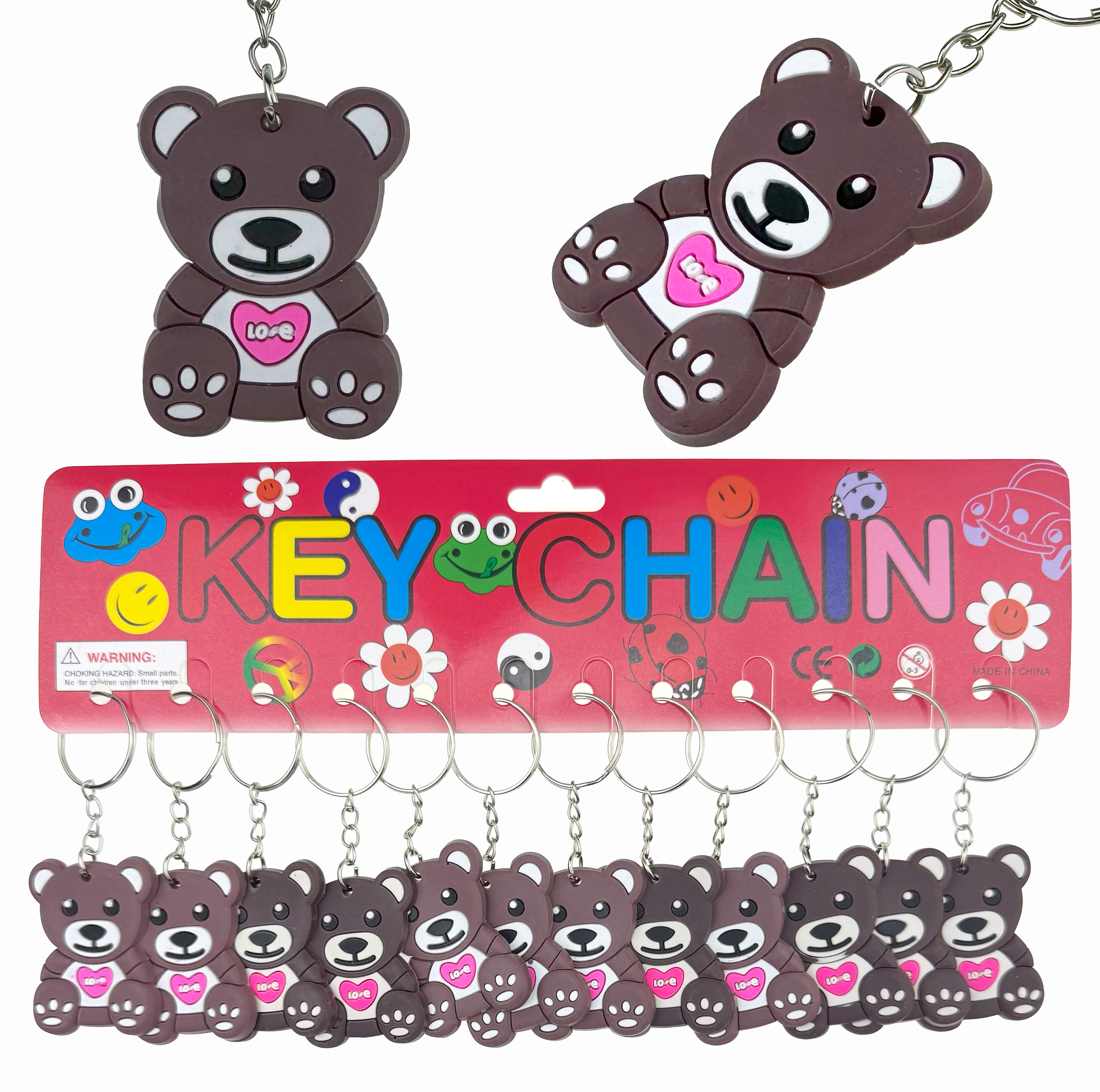 Брелок гумовий плаский ведьмедик коричневий з серцем (12)