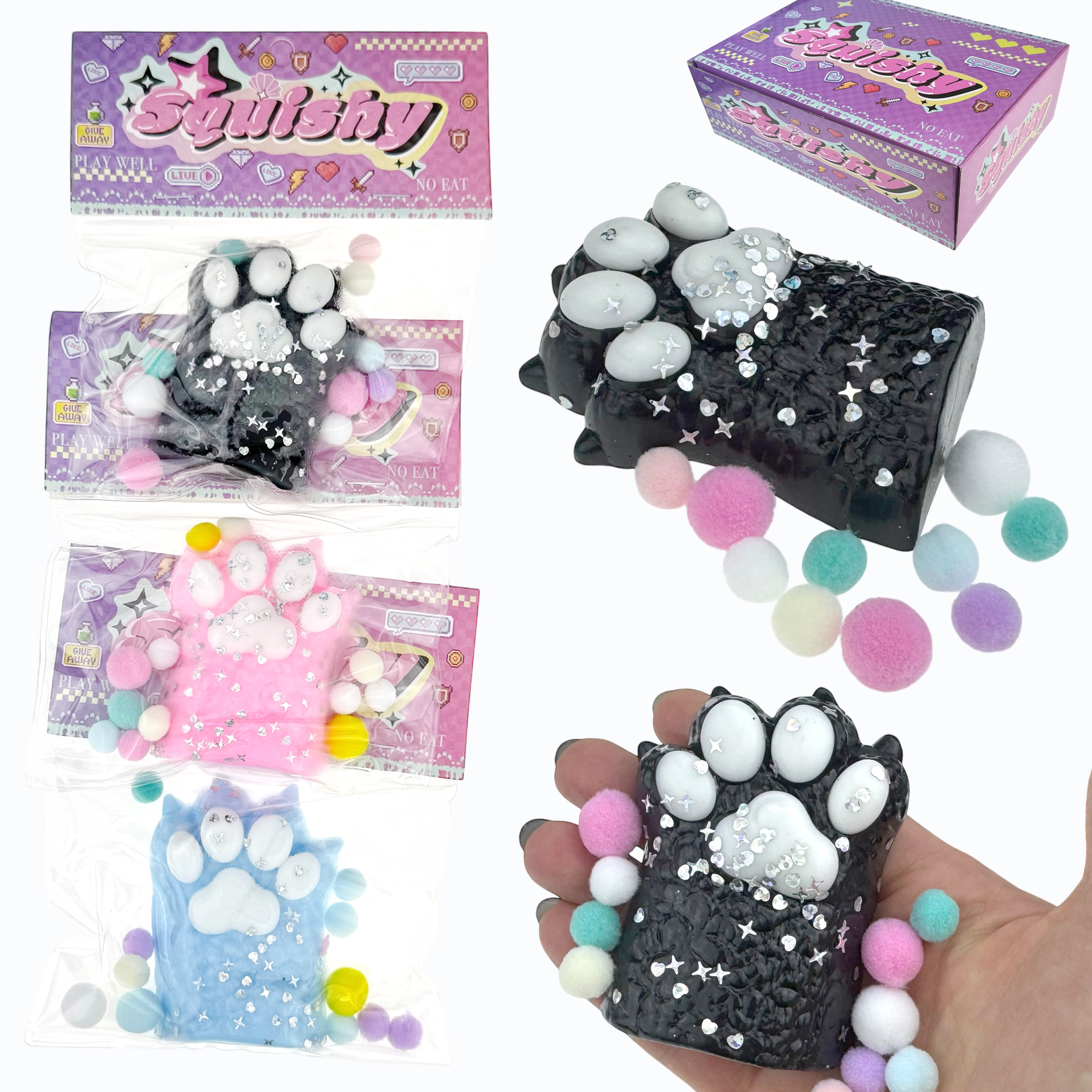 СКВІШІ - SQUISHY  велика лапа кицьки з кульками в коробці (20) /480/