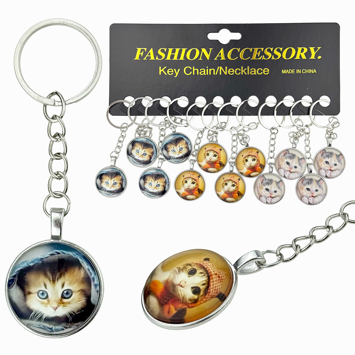 Брелок металевий з обʼємним склом котики мордахи (12)