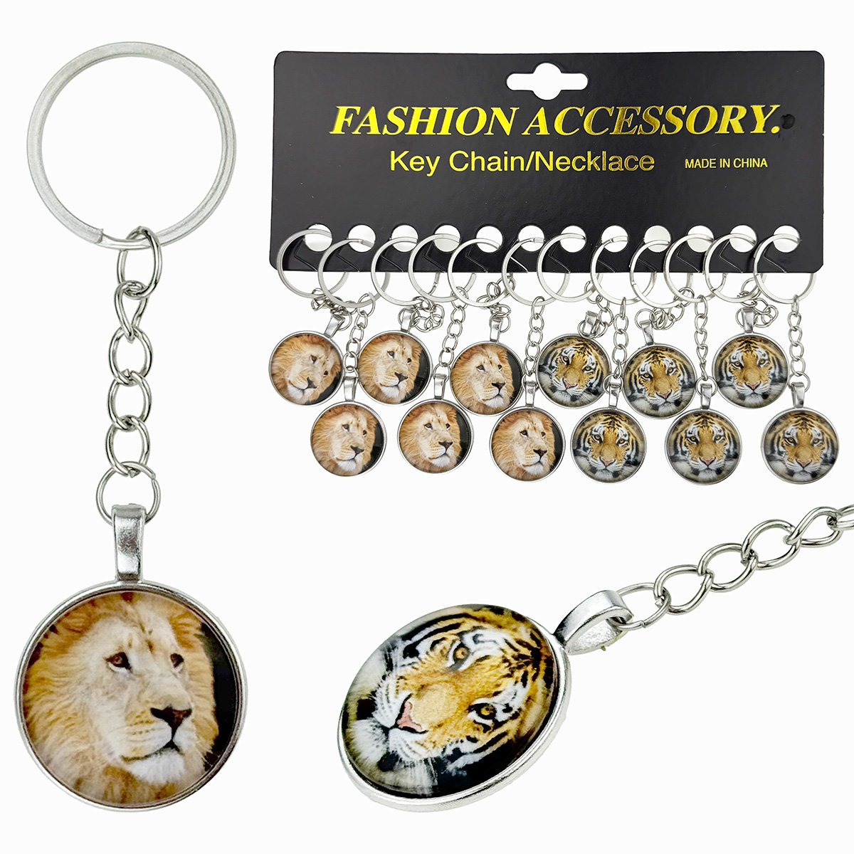 Брелок металевий з обʼємним склом лев та тигр (12)