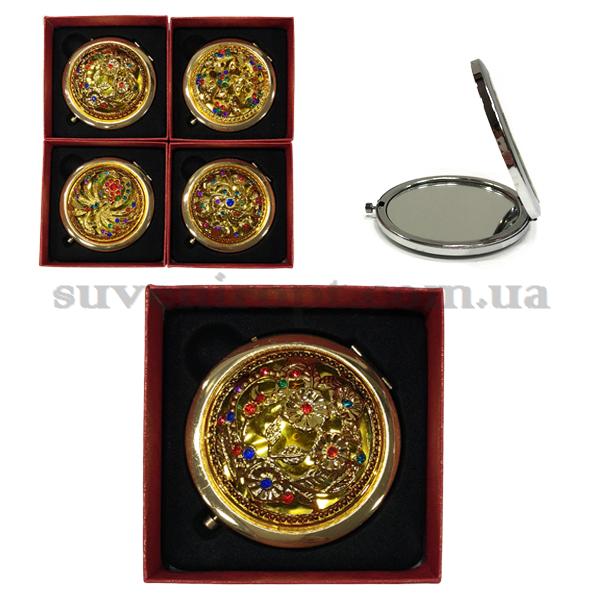 Зеркало золотое выпуклое в камнях  в подарочной коробке