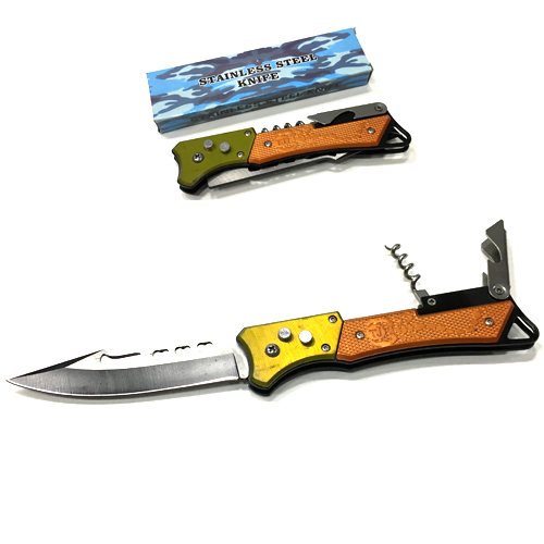 Нож складной на кнопке с открывалкой и штопором  в коробке длина 240  мм