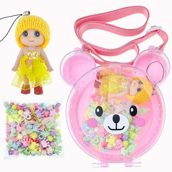 Сумка ведмідь на плече з намистинами матовими та лялькою великою /432/