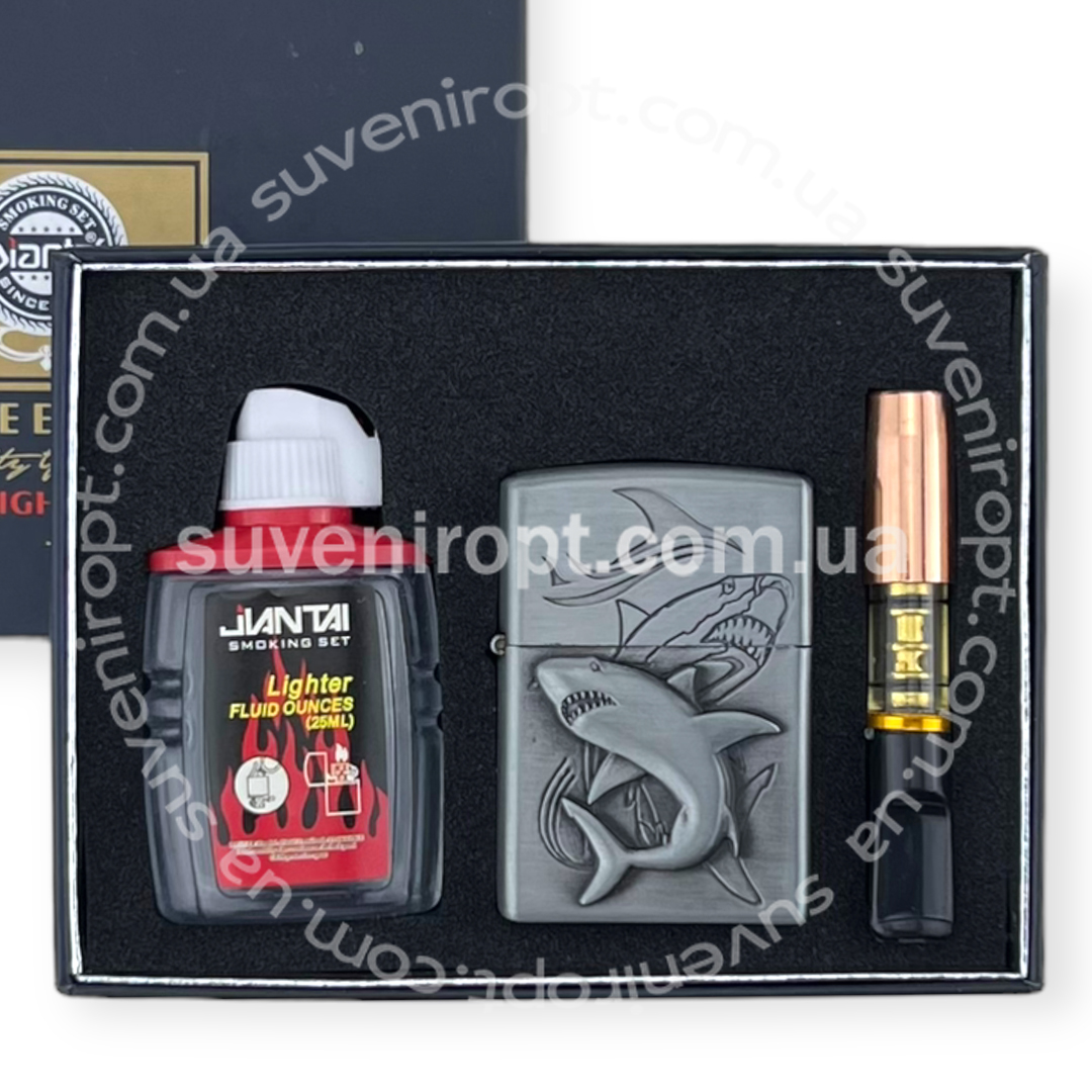 Запальничка набір бензинова із бензином мундштуком акула платина (10)