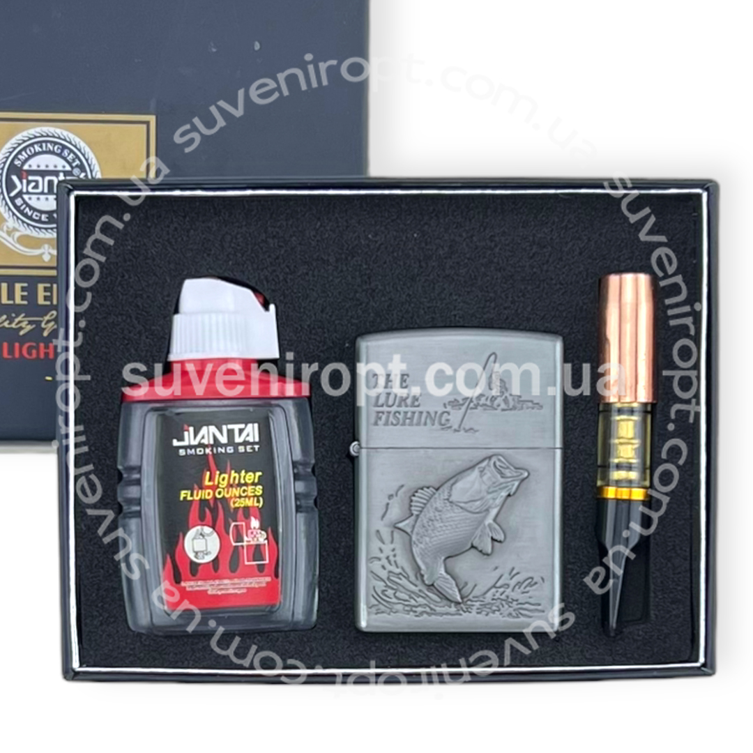 Запальничка набір бензинова із бензином мундштуком риба платина (10)