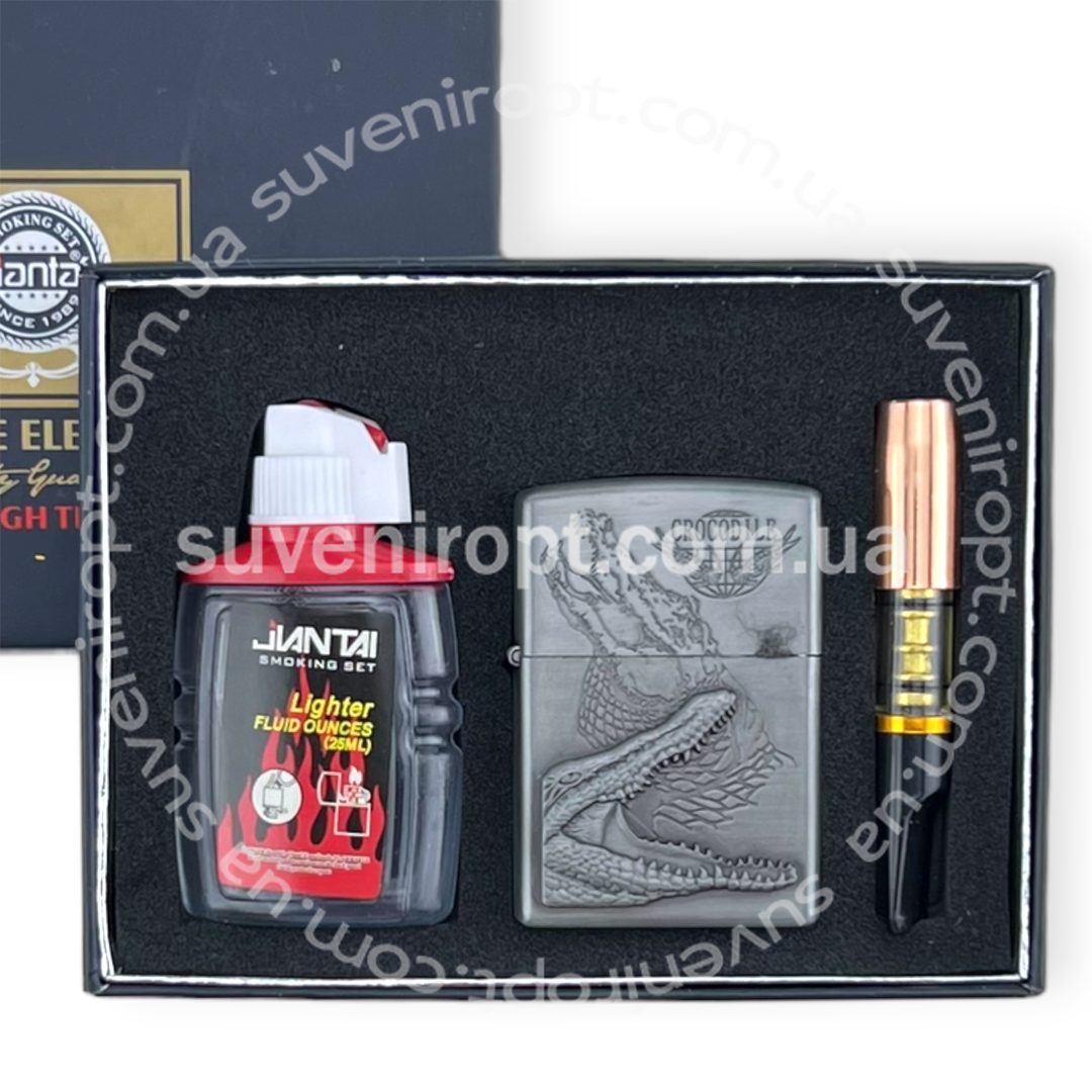 Запальничка набір бензинова із бензином мундштуком крокодил платина (10)