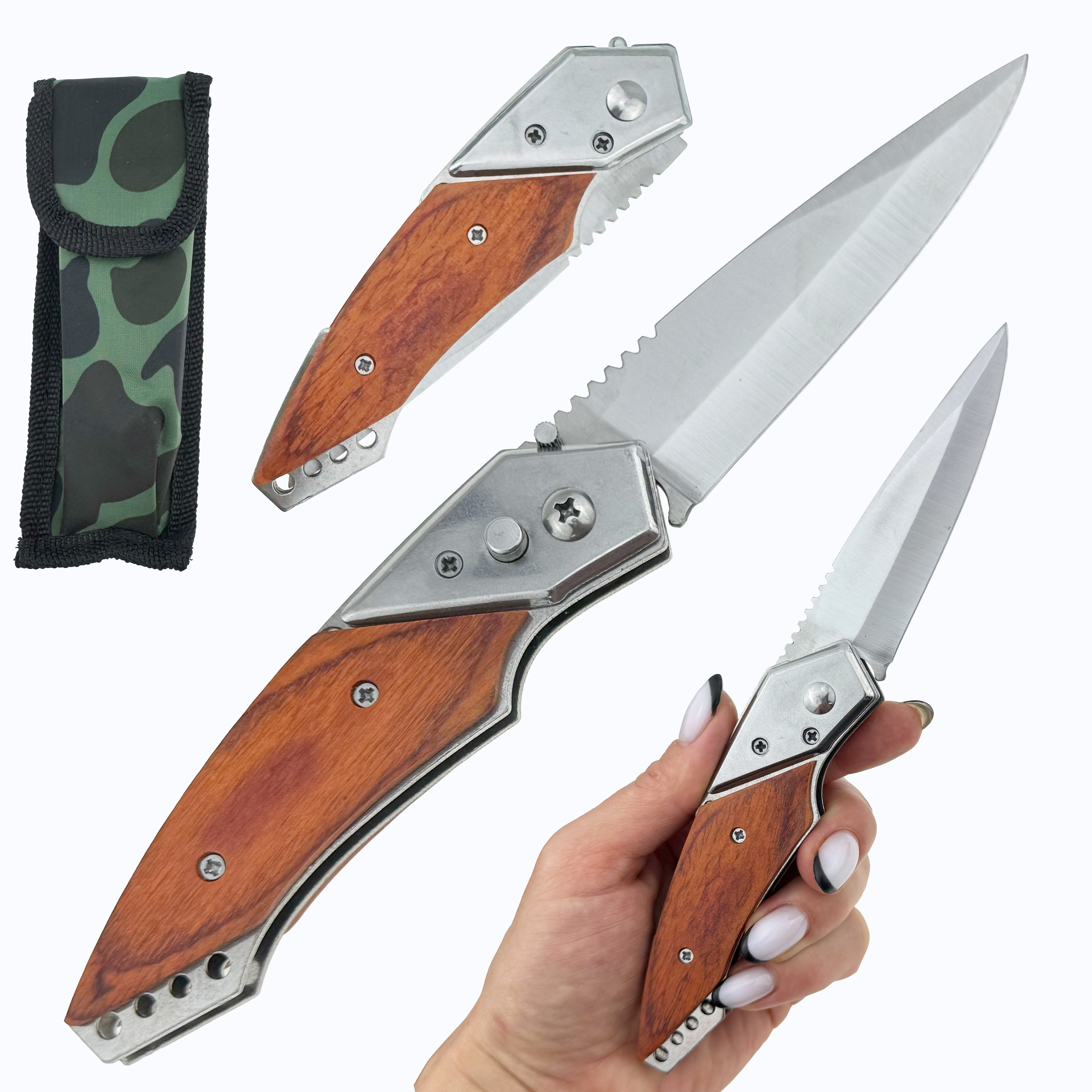 Ніж на кнопці розкладний ручка гостра під світле дерево в чехлі  20 см (12) /240/