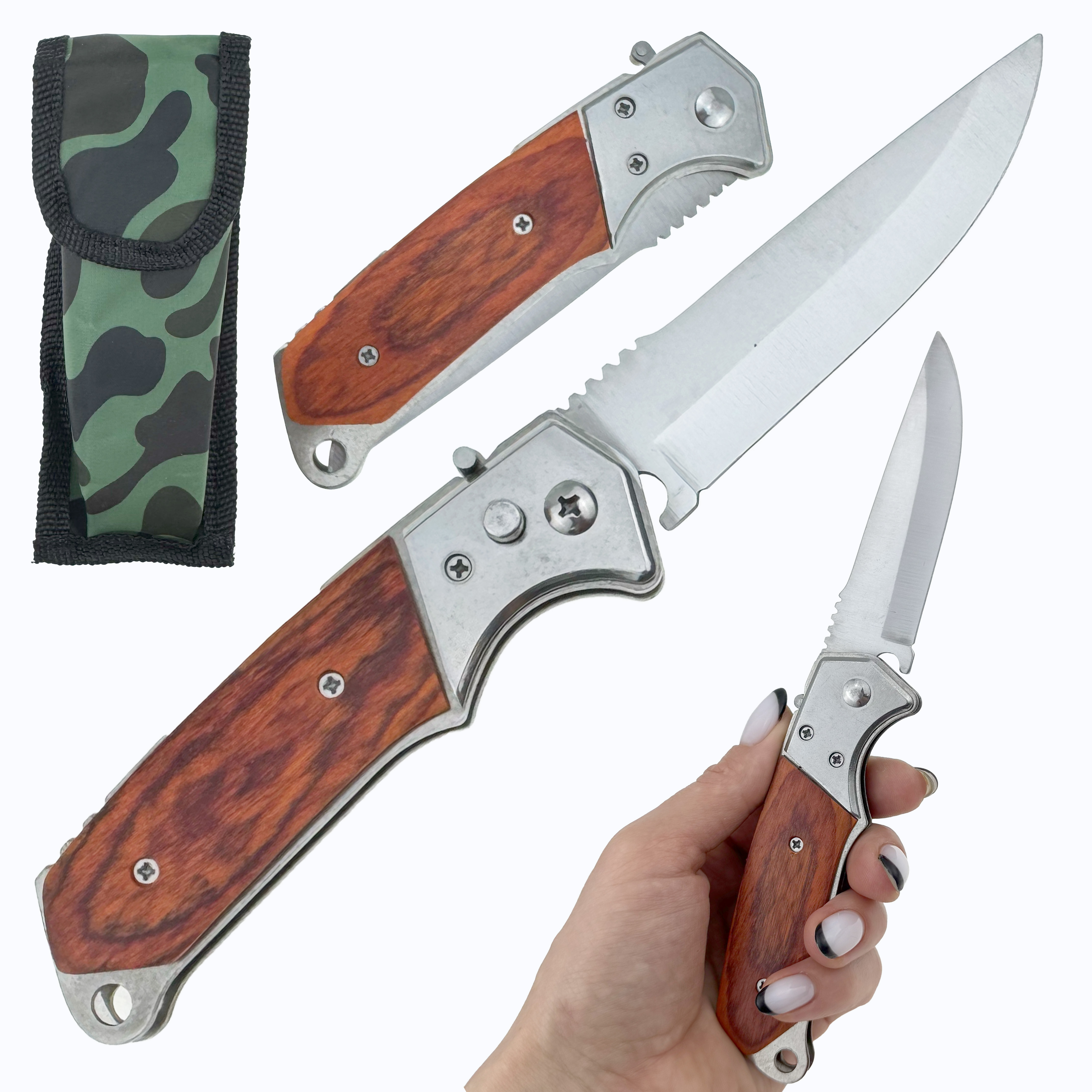 Ніж на кнопці розкладний ручка тупа під світле дерево в чехлі  20 см (12) /240/