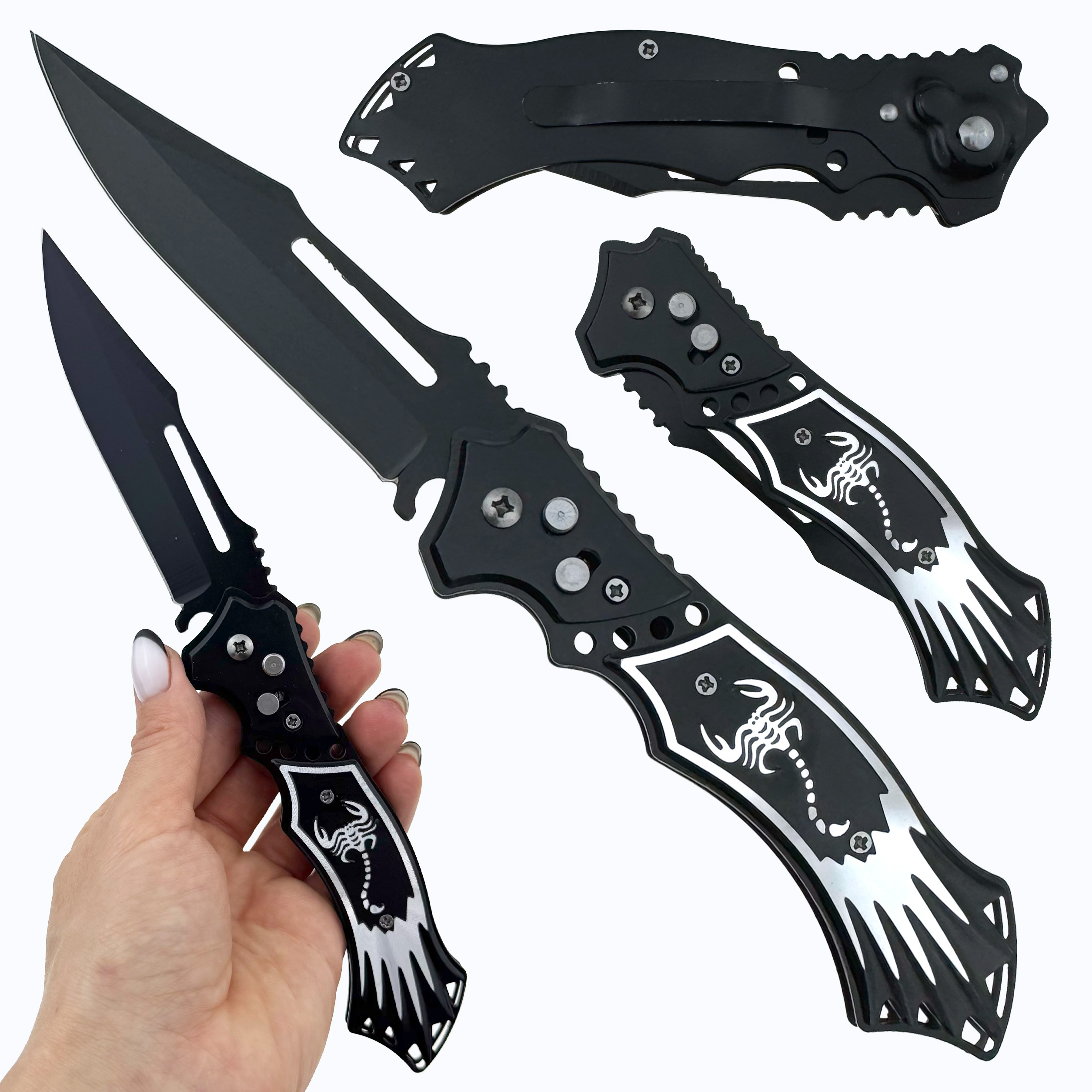 Ніж на кнопці розкладний чорна веєрна ручка з скорпіоном  24 см (12) /240/