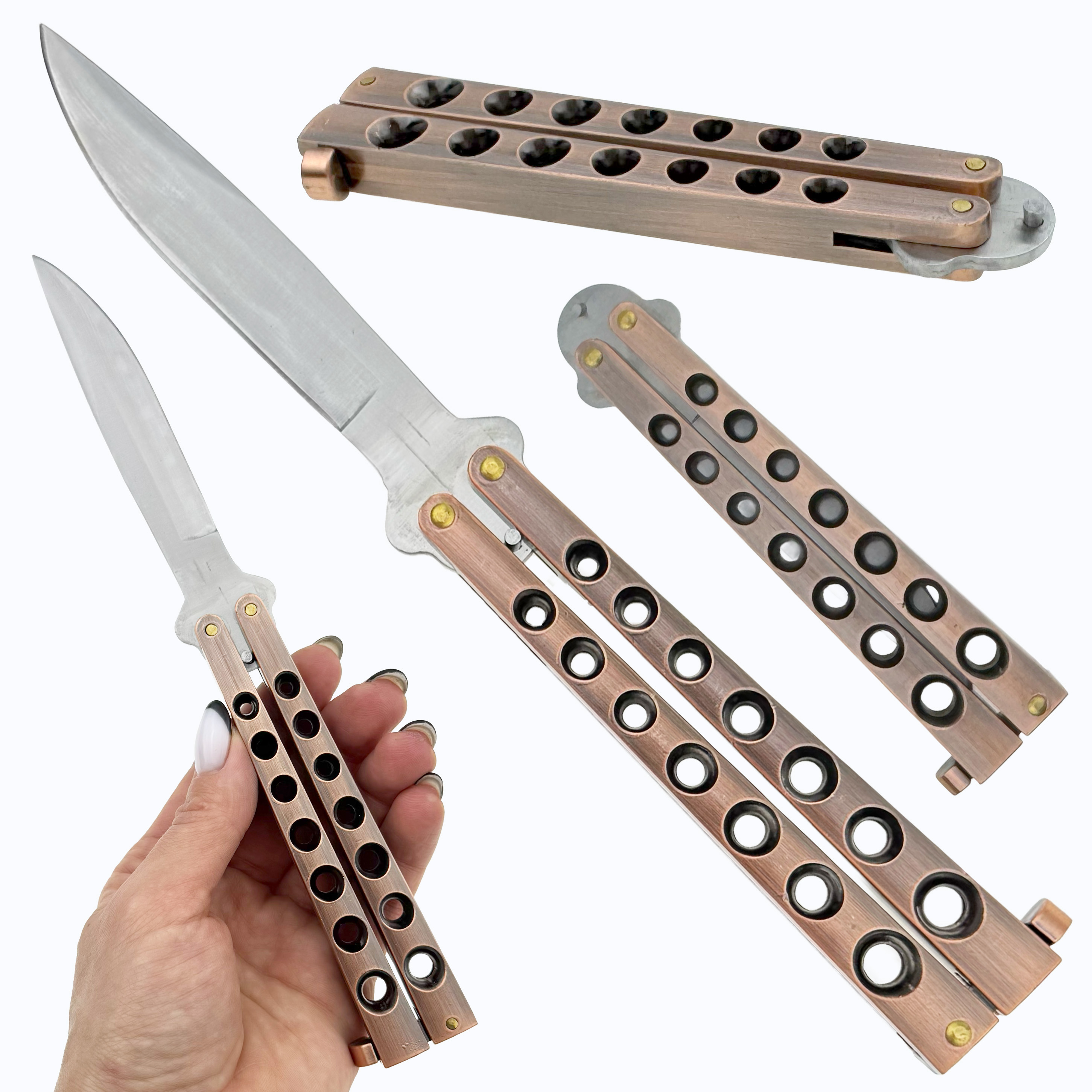 Ніж метелик великий гострий ручка в колах платинова  22 см (12) /240/