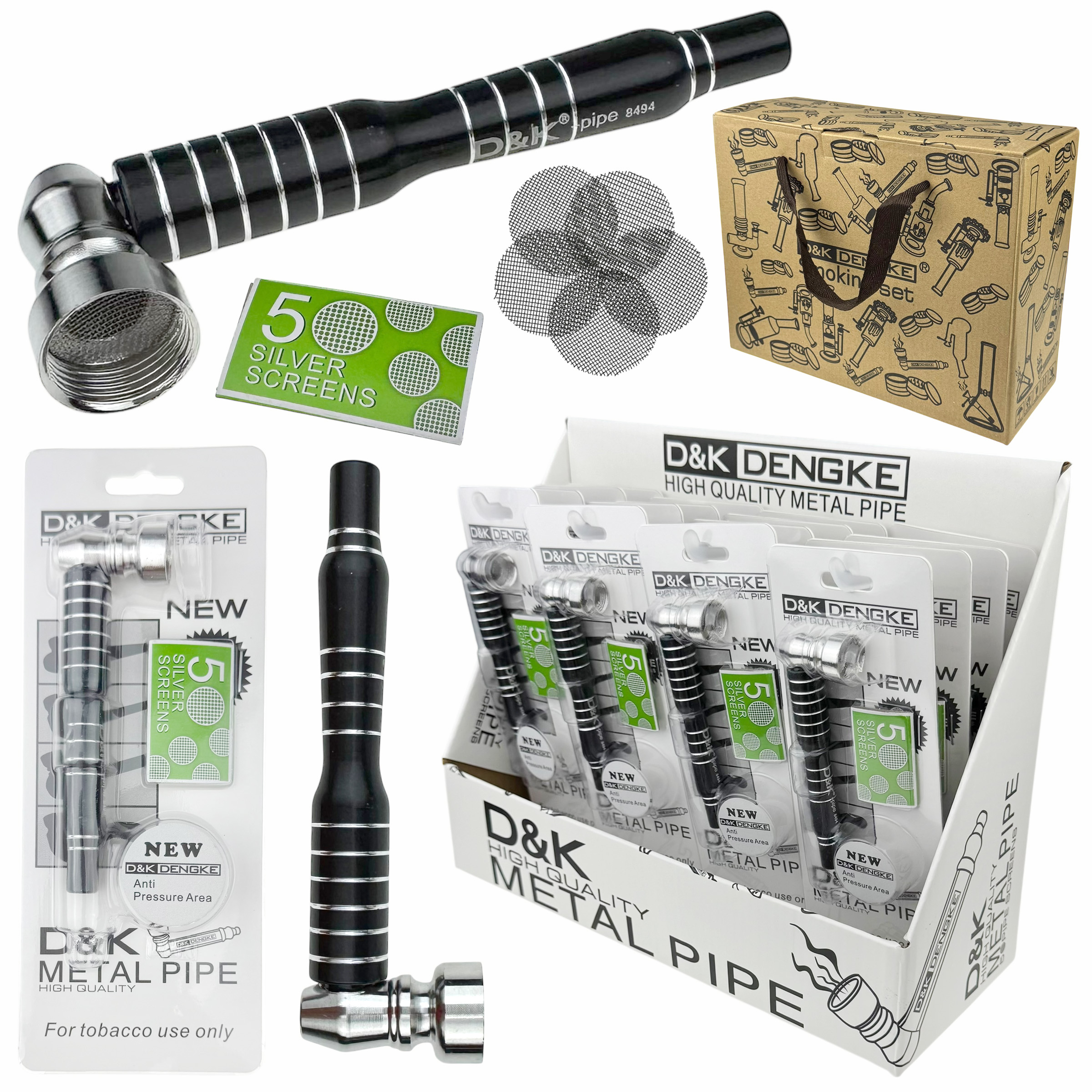 Трубка К металева 10см чорна різьблена в наборі з сітками(5шт) (12)/192/