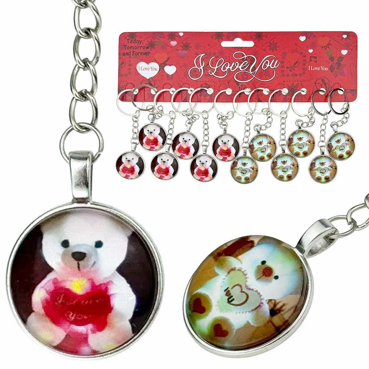 Брелок металевий з обʼємним склом ведмедик з серцем (12)