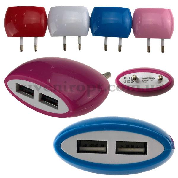 Заряджання мережевик на два виходи usb кольоровий /500/