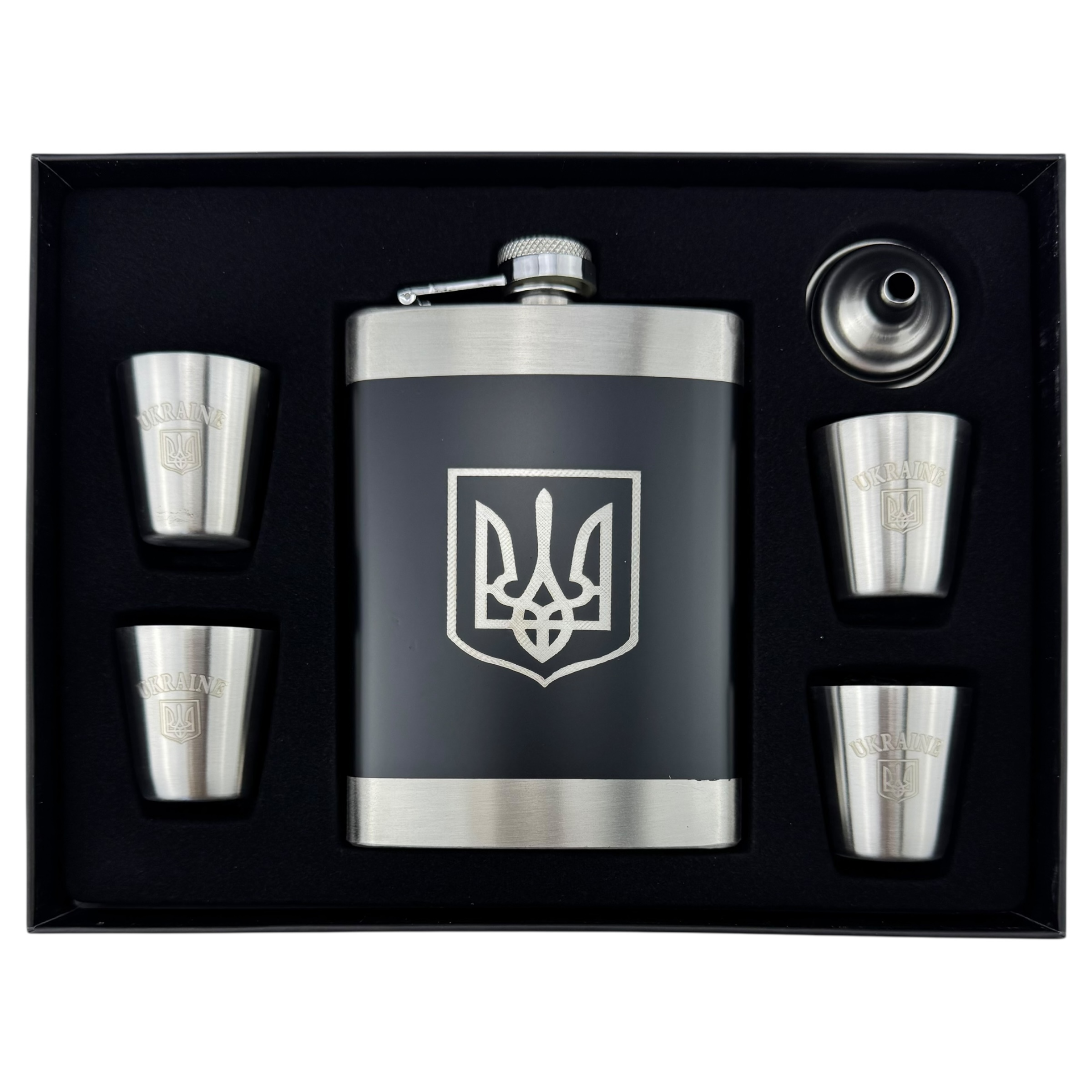 Набір фляга металева з чарками, лійка сталева чорна герб Украіни /60/