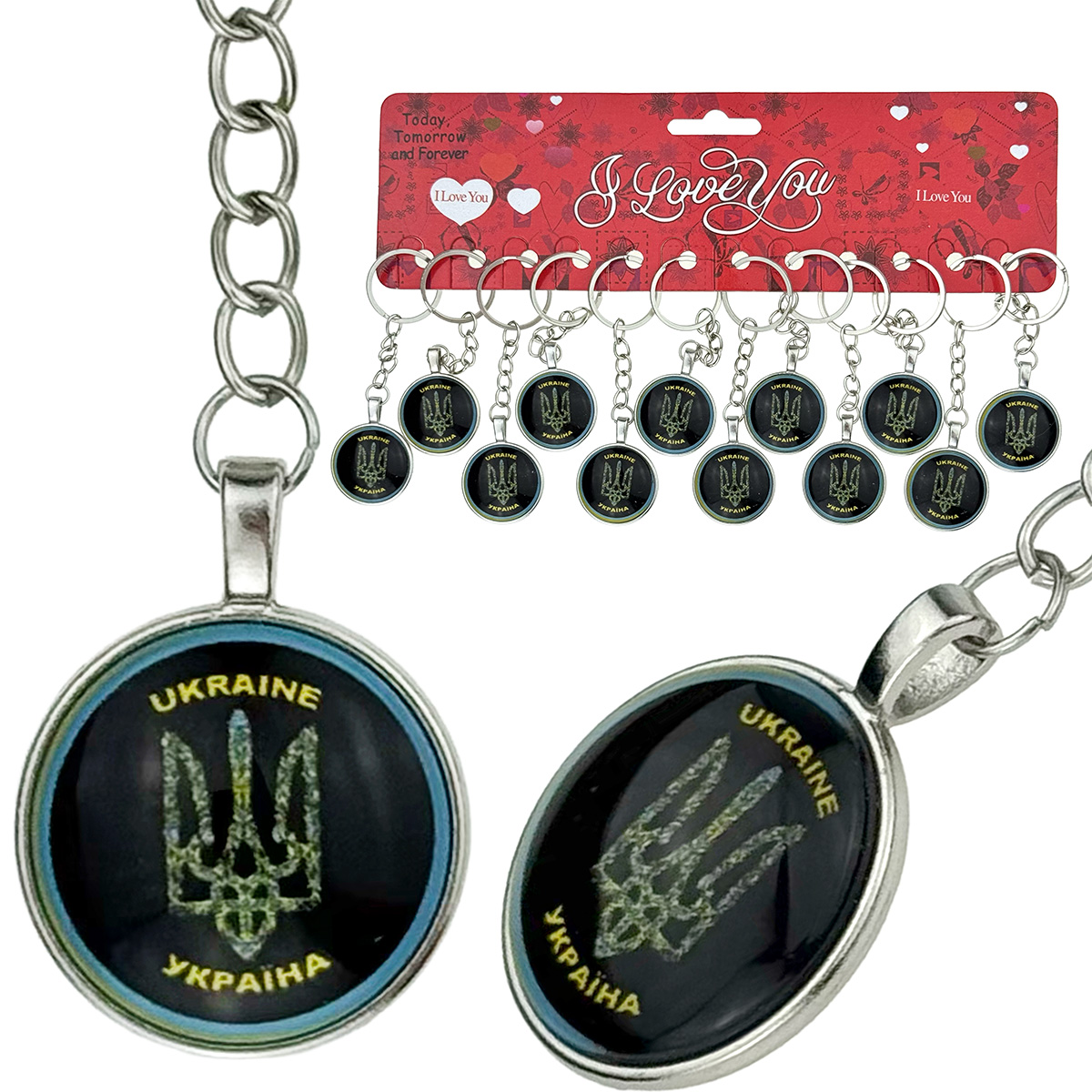 Брелок металевий обʼємне скло герб України в квітках чорний  25 мм на планшетці (12)