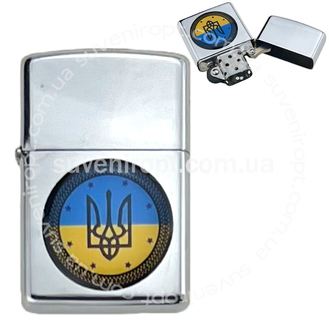 Запальничка бензинова металева з круглою наліпкою чорний візерунок Ukraine (10)