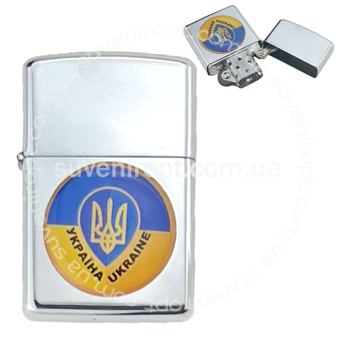 Запальничка бензинова металева з круглою наліпкою герб в краплі Ukraine (10)
