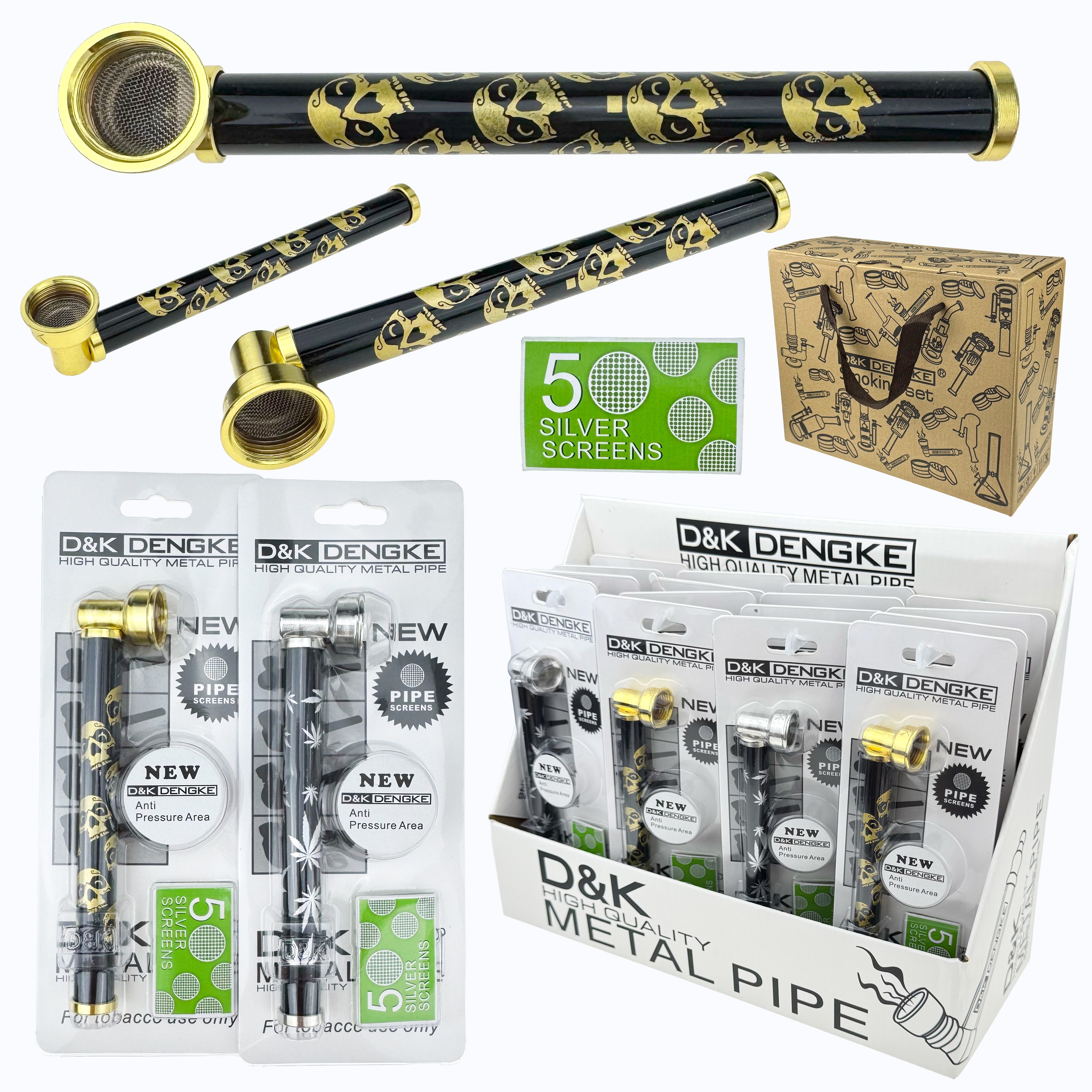 Трубка К металева принт черепів та листа золото серебро 9 см в наборі з сітками (5шт) (16) /192/