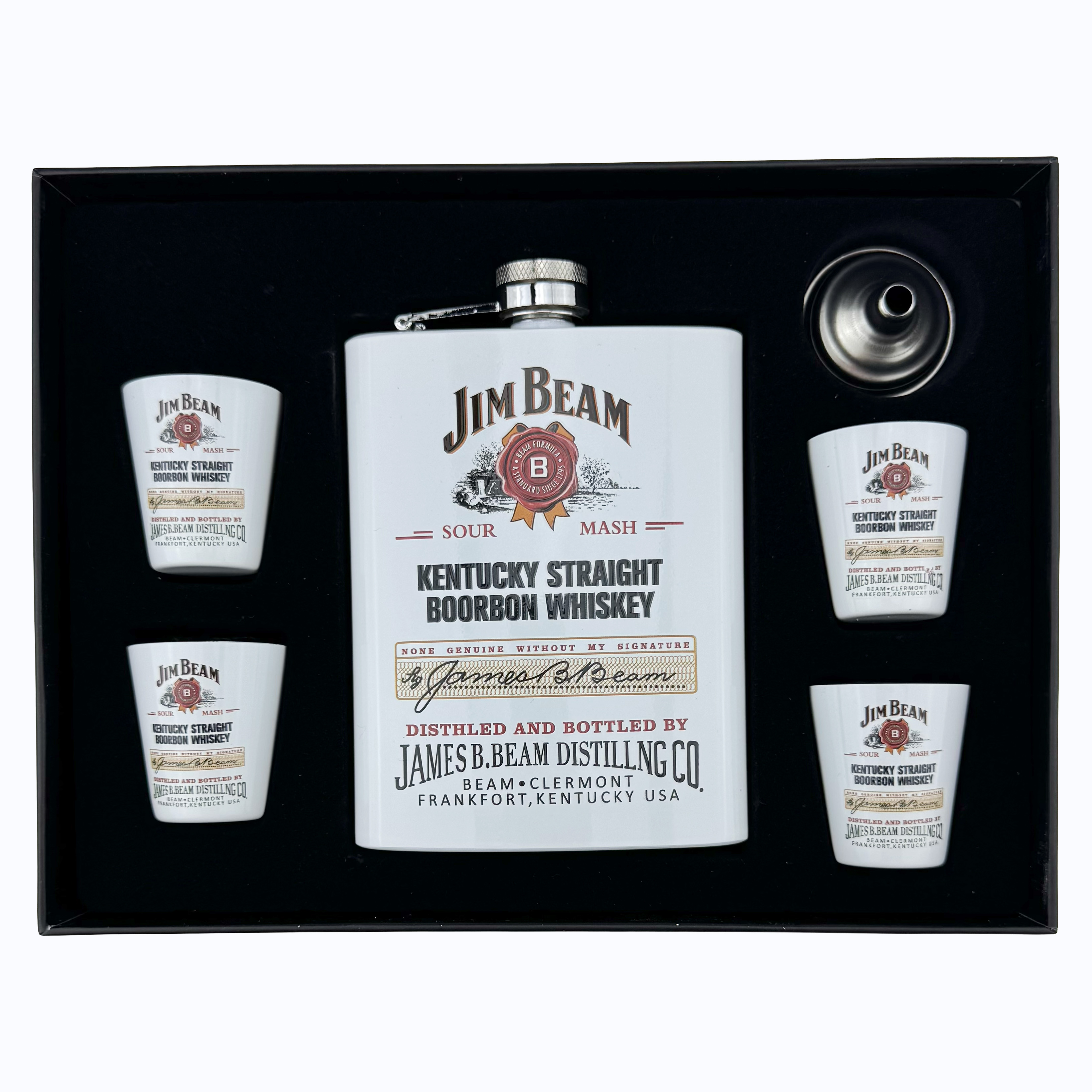 Набір фляга біла з принтом JIM BEAM лійка та стопки /60/