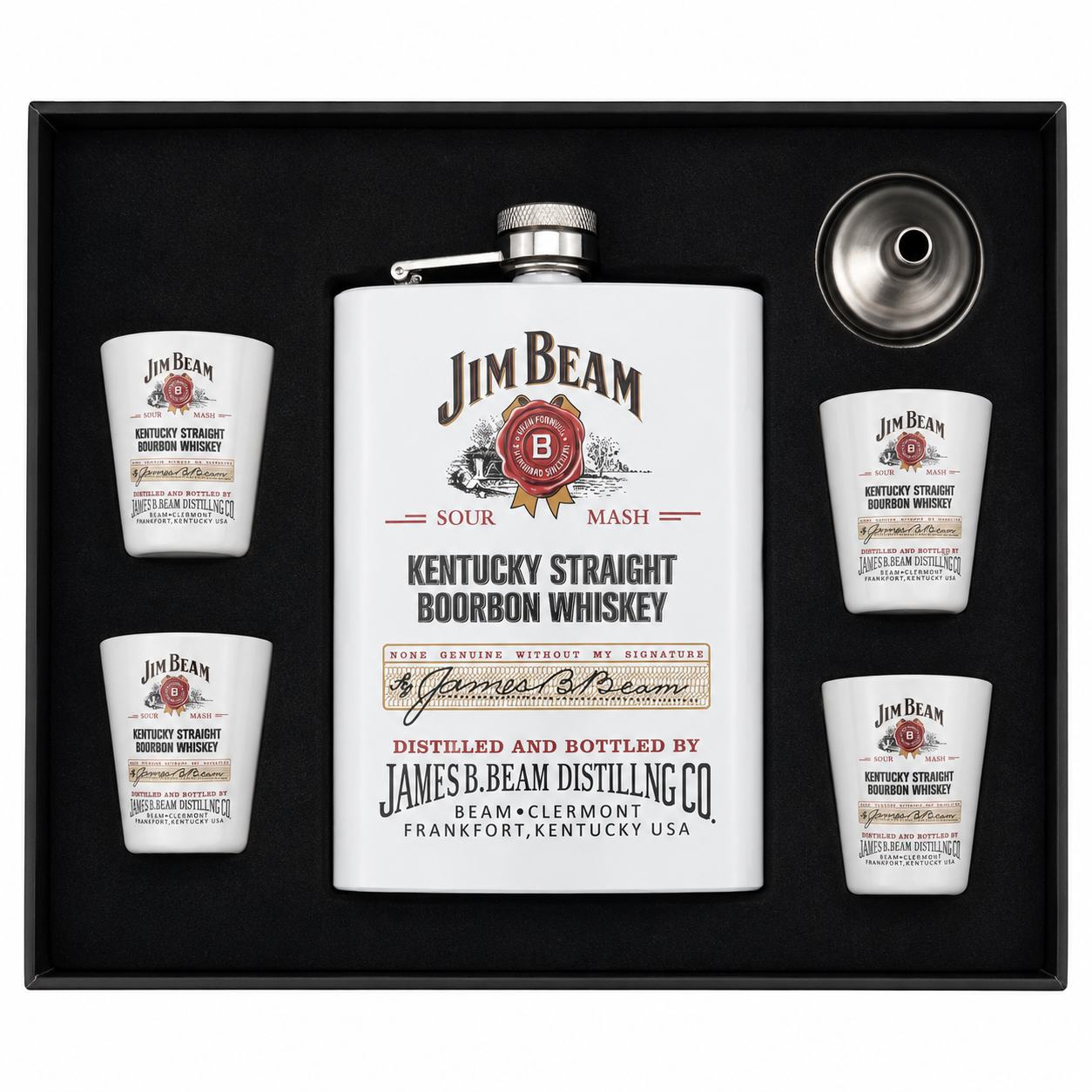 Набір фляга біла з принтом JIM BEAM лійка та стопки /60/