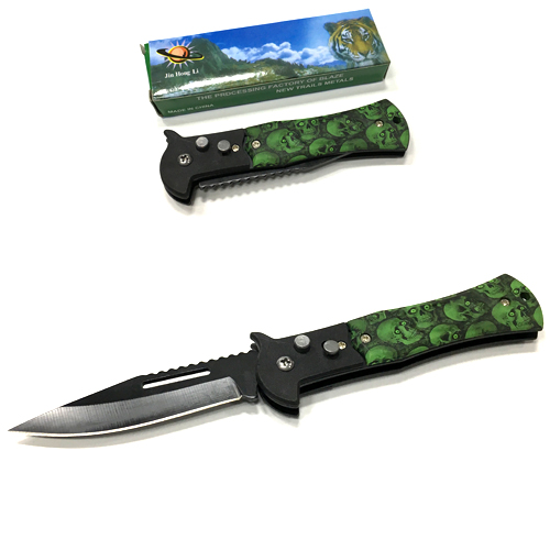 Нож складной с черепами на кнопке с клипсой для ремня 200  мм /360/