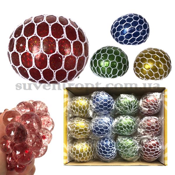 Антистрес мізки блискучі з гідрогелевими кульками у білій сітці 6 см (12) /288/