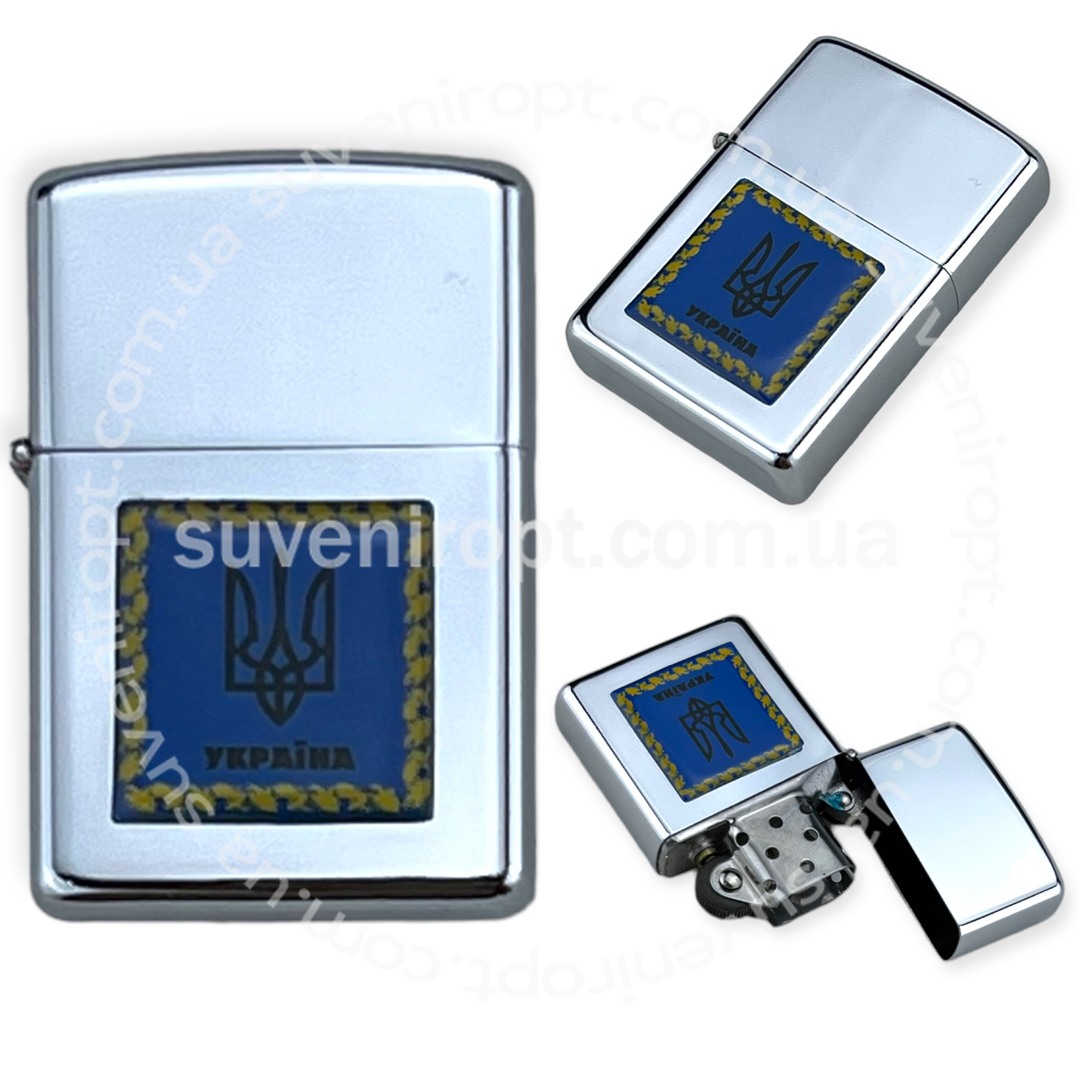 Запальничка бензинова металева з квадратною наліпкою колосок Україна (10)