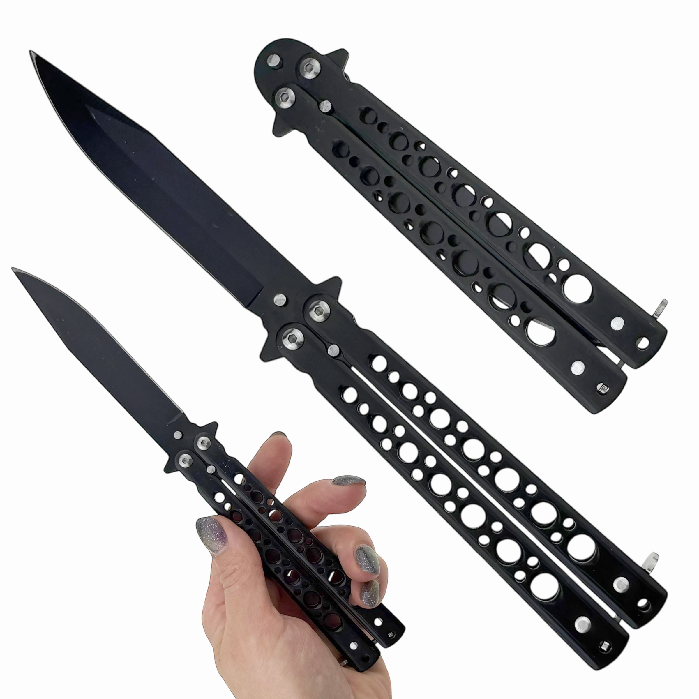 Ніж металевий метелик ручка в дюрках чорного кольору  22 см (12) /240/