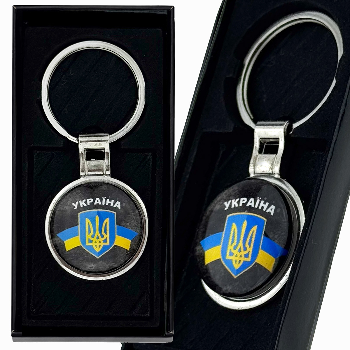 Брелок в коробці  обʼємне скло щит України в стрічках на чорному фоні (12)