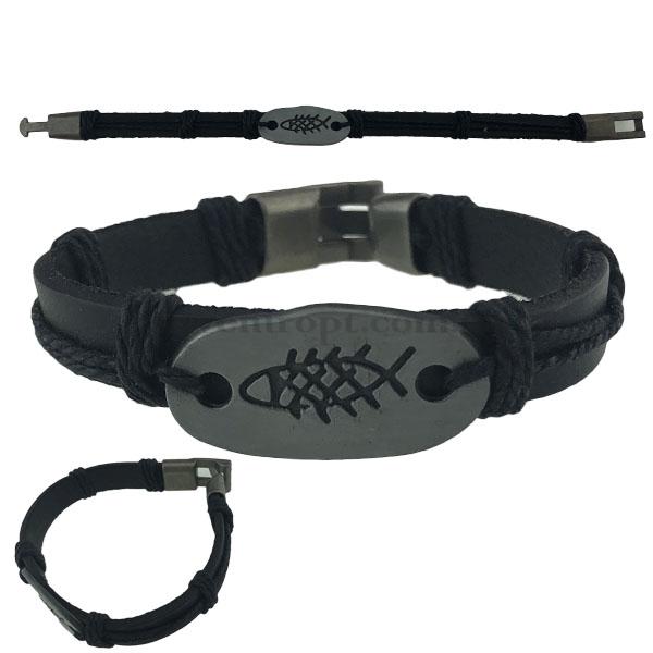 Браслет прямой кожа с защёлкой металлический кулон рыбка скелет (10)